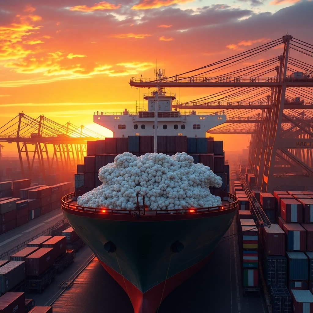 A photorealistic, ultra-high quality image of a container ship being loaded with bales of cotton.  The scene should be set against a vibrant sunset, with the ship positioned in a bustling port.  The image should highlight the international reach of KGPL's business, with containers adorned with flags of various countries representing the company's global network.  The lighting should be warm and dramatic, with the glow of the setting sun reflecting on the ship and the containers.  The image should convey a sense of dynamism and international trade, showcasing the efficient logistics and wide-ranging reach of KGPL's operations.  Render in 8K resolution, with realistic lighting and textures, and a focus on the details of the ship, containers, and the bustling port environment.