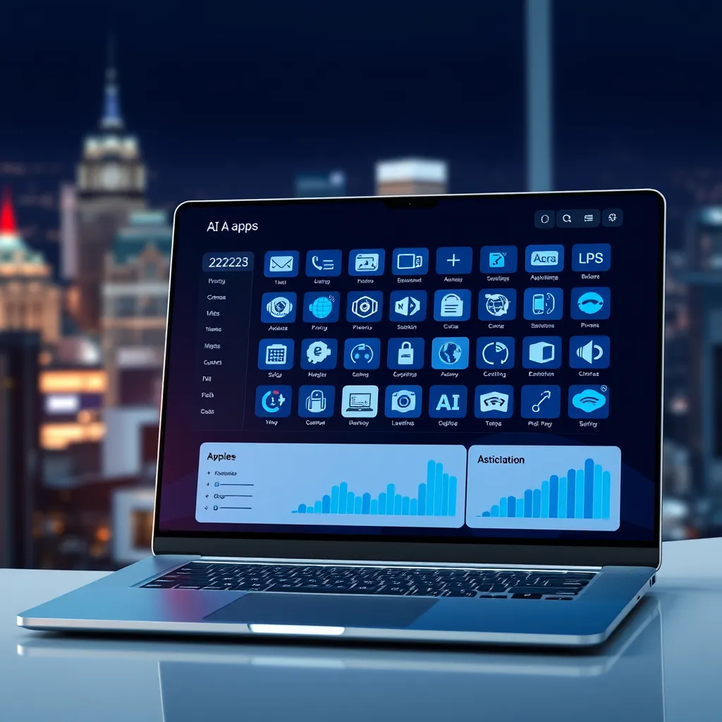A photorealistic, ultra-high quality image of a modern, clean, and intuitive dashboard interface. The dashboard should have a sleek, dark background with vibrant blue accents. The screen displays a grid of 24 icons representing different AI apps, each with a unique icon style reflecting its purpose. The icons should be arranged in a visually appealing and organized manner. The user is interacting with the dashboard using a sleek, minimalist laptop, showcasing the ease of use. The background should be a blurred image of a bustling city skyline, emphasizing the power and potential of AI tools. Render the image in 8K resolution with hyperrealistic detail and a soft, warm lighting effect, creating a sense of professionalism and innovation.
