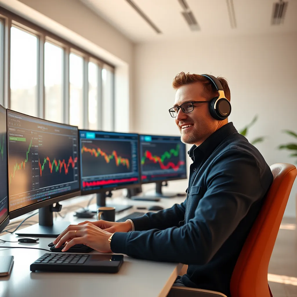 A photorealistic, ultra-high quality image (8K resolution, hyperrealistic) of a confident trader, in their mid-30s, sitting in front of multiple computer screens displaying real-time stock market data. They are focused, analyzing charts, and confidently clicking a buy order on their screen. The scene should be set in a modern, minimalist office with natural light streaming in from large windows. The color palette should be vibrant and energetic, reflecting the dynamic nature of trading.  The trader's expression should convey a sense of excitement and anticipation, highlighting the thrill of the trading process. The camera angle should be slightly above the trader, emphasizing their command over the situation. Include subtle details like financial news on the screens, headphones for market analysis, and a coffee mug, all contributing to the immersive experience of an active trader.  Style references:  -  A mix of contemporary financial photography and high-end technology ads. -  A focus on clean lines, modern design, and a dynamic, energetic aesthetic., ultra high resolution, photorealistic, 8K, hyperdetailed, cinematic lighting