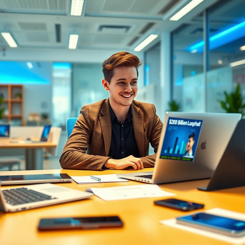 A photorealistic, ultra-high quality image depicting a young, successful entrepreneur sitting at a modern desk in a brightly lit office.  They are confidently looking at a laptop screen displaying a Facebook ad with the headline 'Exposed: $200 BILLION AI Facebook Loophole'.  In the background, there are other laptops, smartphones, and charts, suggesting a dynamic, data-driven environment. The image should convey a sense of excitement, achievement, and the potential for financial freedom. The color palette should be vibrant and modern, with accents of blue and green.  The overall style should be sophisticated and professional, inspired by successful tech entrepreneurs.  Capture the image in 8K resolution with hyperrealistic detail and a wide-angle perspective, emphasizing the entrepreneur's focused expression and the impactful nature of the Facebook ad.