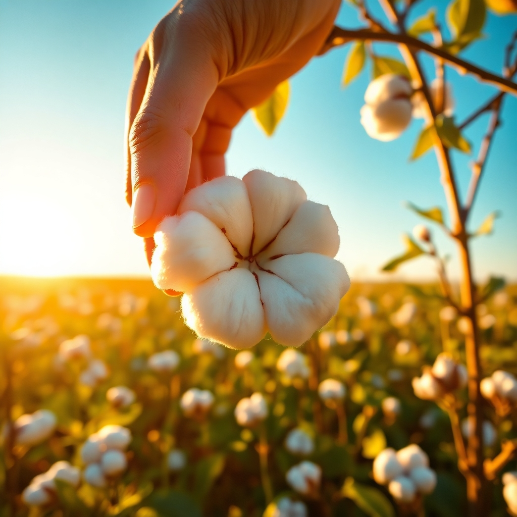 A photorealistic, ultra-high quality image of a cotton field in India, bathed in warm, golden sunlight.  Focus on a close-up of a hand picking cotton bolls, with the soft white fibers visible. The background should be a vast field of cotton plants, with lush green foliage and a clear blue sky. The image should convey a sense of abundance and quality. Render in 8K resolution, with realistic lighting and textures, including the subtle sheen of the cotton fibers. The scene should have a natural and organic feel, emphasizing the natural beauty of the cotton fields. 