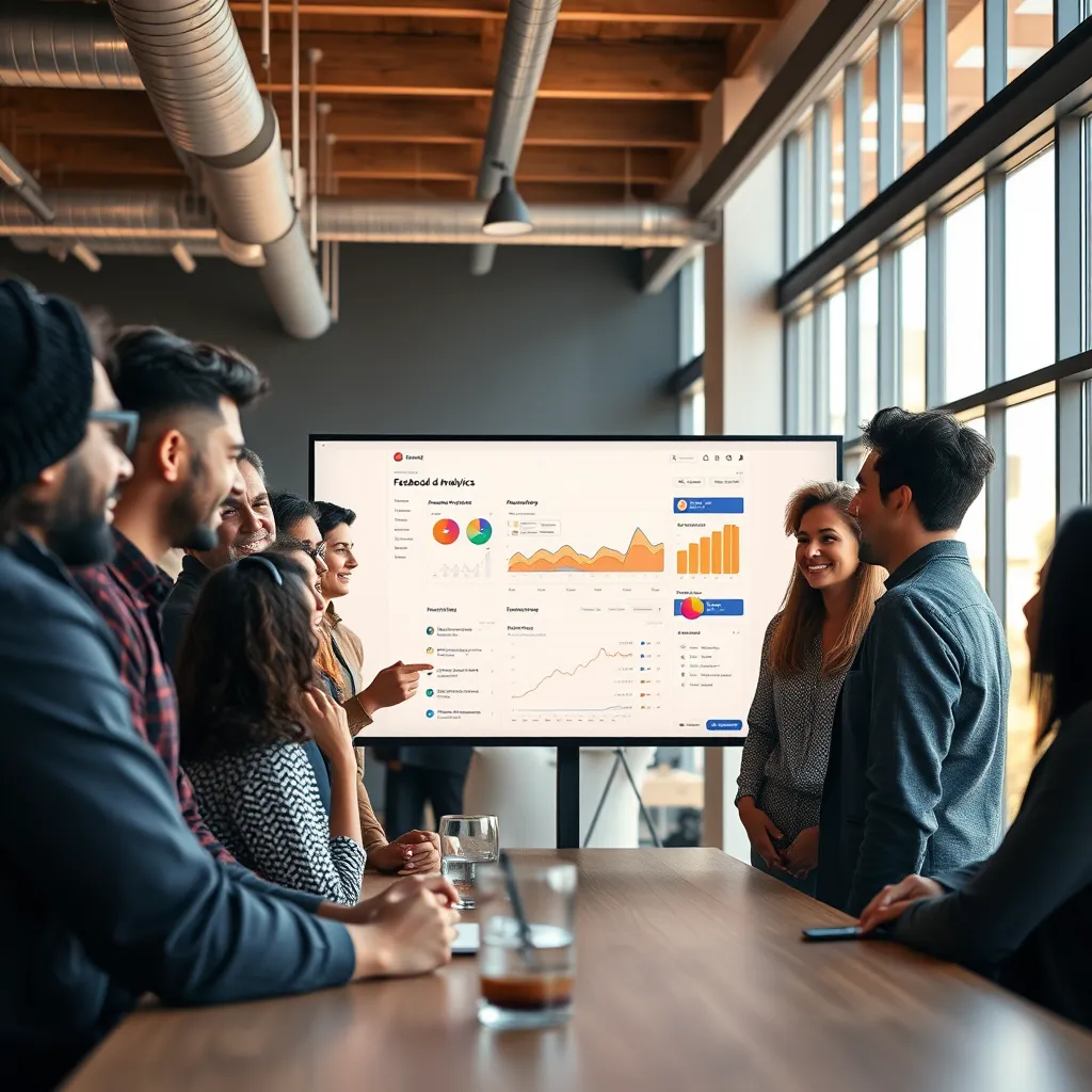A photorealistic, ultra-high quality image of a group of diverse individuals gathered in a modern, open-plan co-working space. They are engaged in conversation, sharing ideas, and collaborating around a large screen displaying a Facebook ad analytics dashboard. The image should exude a sense of community, collaboration, and support, with each individual contributing to the conversation and sharing their expertise. The lighting should be natural and warm, creating a welcoming and inclusive atmosphere. The color palette should be vibrant and energetic, reflecting the dynamism of the community. The image should be captured in 8K resolution with hyperrealistic detail and a wide-angle perspective, showcasing the diverse faces and the collaborative nature of the group.  The image should have a style reminiscent of inspiring photographs from successful tech companies, highlighting the inclusive and supportive environment of the community.