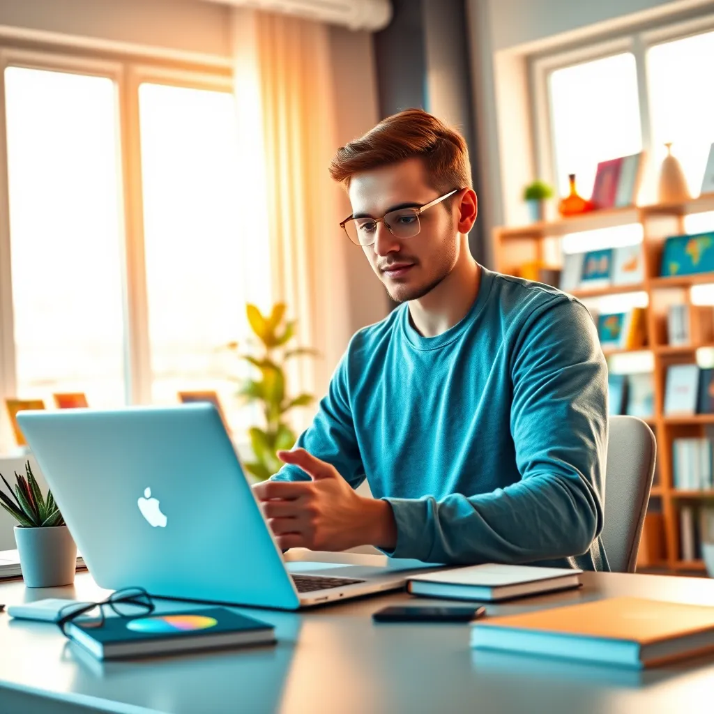 A photorealistic, ultra-high-quality header image showcasing the power of our digital product empire. Capture a vibrant, modern office space with a young entrepreneur confidently working on a sleek laptop. The scene is filled with a warm, inviting light streaming through large windows, creating a sense of energy and opportunity. The color palette is bright and optimistic, featuring vibrant hues of blue, green, and orange.  Scattered throughout the office are diverse digital products (e.g., ebooks, courses, templates) neatly organized on shelves and desks, highlighting the vast selection available.  Focus on showcasing the user-friendly interface of the ecommerce store platform on the laptop screen. The image should have a professional yet approachable feel, evoking excitement and confidence in building a successful online business. The image should be 8K resolution and hyperrealistic, capturing every detail with stunning clarity., ultra high resolution, photorealistic, 8K, hyperdetailed, cinematic lighting