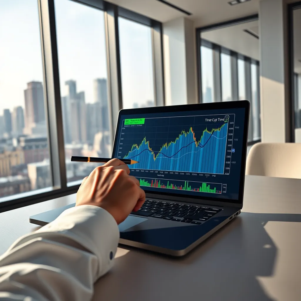 A photorealistic, ultra-high quality image of a modern, minimalist office space with large windows showcasing a bustling cityscape. A sleek, black laptop with a glowing screen displays a complex chart representing a time cycle analysis. The chart is in vibrant blues and greens, with key indicators highlighted in gold. A hand, wearing a crisp white shirt, points to the chart with a pen, emphasizing a specific pattern. The room is bathed in soft, natural light filtering through the windows, creating a focused and professional atmosphere. The image should be captured from a slightly elevated angle, emphasizing the charts and the hand's interaction with the laptop. Render the scene in 8K resolution, showcasing a hyperrealistic level of detail, with sharp textures on the laptop, table, and surrounding elements. Include subtle reflections of the city skyline in the windows, adding depth to the image. The overall mood should be one of calm focus and intellectual curiosity.