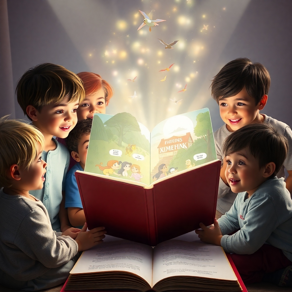 A photorealistic and vibrant hero image depicting a diverse group of children, aged 4-8, gathered around a large, open storybook. The book glows with soft, inviting light, projecting animated characters and scenes into the air. The children are captivated, their faces filled with wonder and excitement. The background subtly blends real-world elements with fantastical landscapes, hinting at the limitless possibilities of AI-generated stories. Soft, diffused lighting enhances the magical atmosphere. The color palette is rich and warm, with plenty of primary colors. The camera angle is slightly high, offering a comprehensive view of the scene. Textures are highly detailed, from the fabric of the children's clothing to the pages of the book. Style reference: A touch of Disney animation realism. 8K resolution, hyperrealistic rendering.