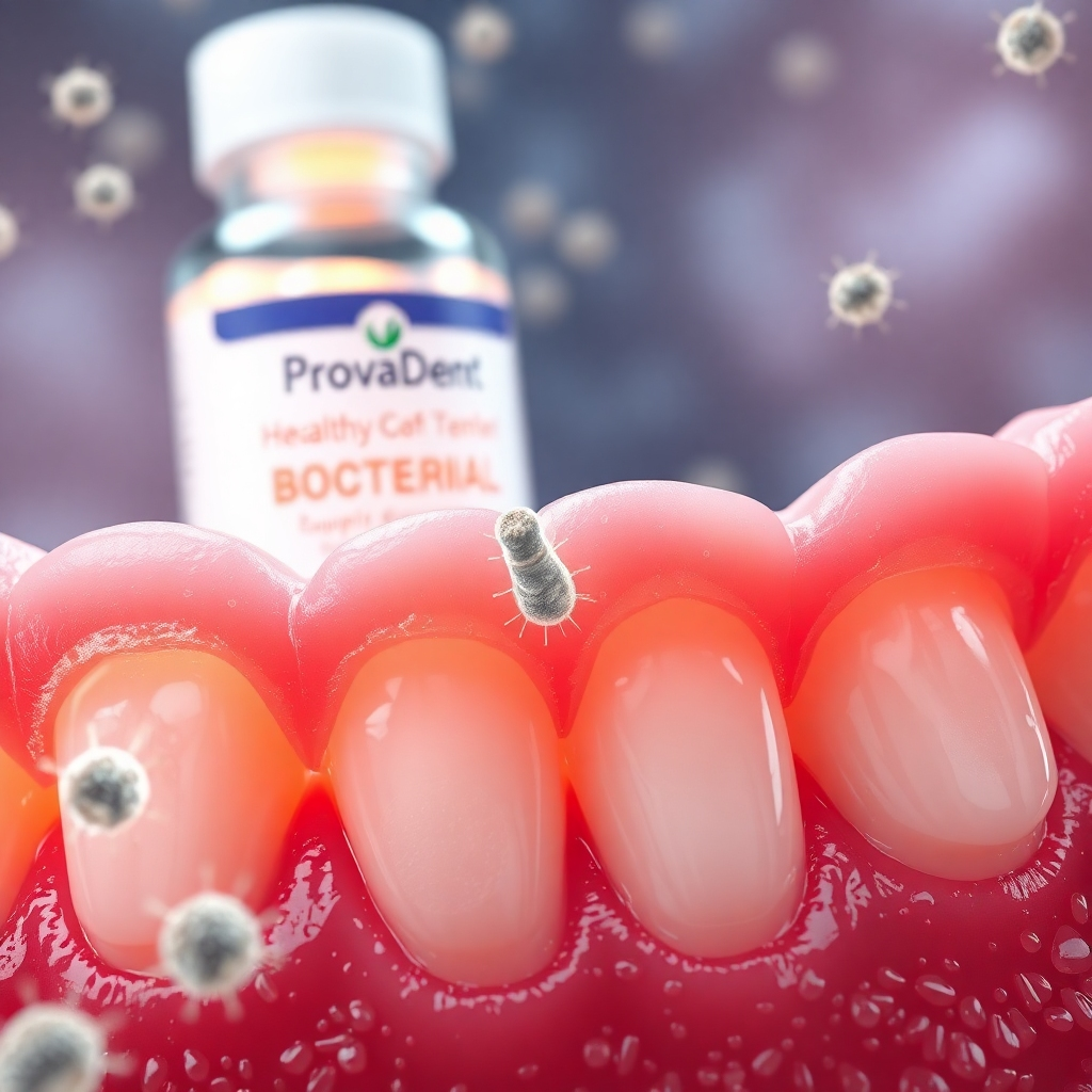 A photorealistic close-up image of healthy, vibrant gums and teeth, with microscopic bacteria shown in a vibrant, healthy ecosystem.  The background shows a bottle of ProvaDent supplement with a subtle glowing effect, suggesting health and vitality. The overall style should be clean, modern, and scientifically accurate.