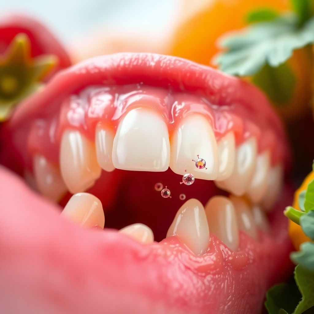 A photorealistic close-up of healthy gums and teeth, with vibrant colors and highly detailed textures.  Microscopic bacteria are subtly visible, depicted as diverse and balanced, not overcrowded or harmful-looking. The background is a soft, blurred image of fresh, vibrant fruits and vegetables, suggesting a healthy lifestyle.