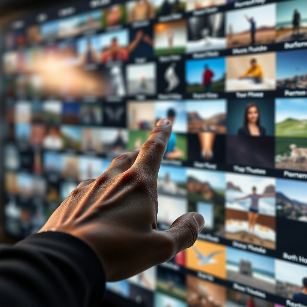 A photorealistic close-up shot of a hand selecting high-quality images and video clips from a vast library within AI Video Builder's interface.  The background should subtly display a wide variety of other options. The overall aesthetic should evoke a feeling of abundance and creative freedom.