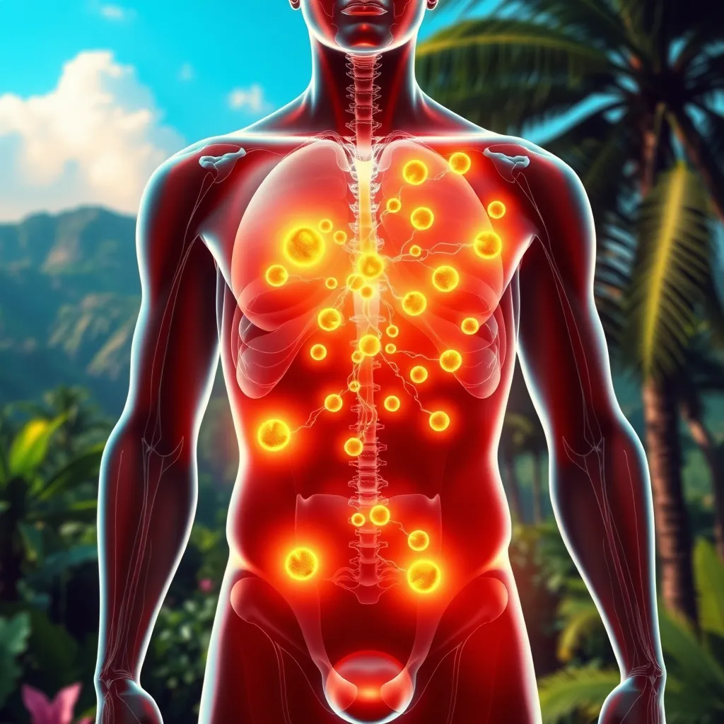 A photorealistic illustration of a human body with highlighted areas showing the locations of fat-burning enzymes. The image should depict a flow of energy and activity around these enzymes, suggesting their activation and contribution to the fat-burning process. The background should be a vibrant, tropical landscape to represent the origin of the 'wonder fruit'.