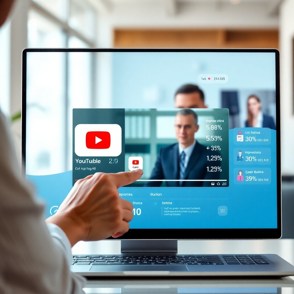 A photorealistic image, 8K resolution, hyperrealistic detail, depicting a clean, modern interface showing a user easily placing an ad on a YouTube video via a simple drag-and-drop function. The interface should be bright and intuitive with clear call-to-actions. Soft diffused lighting. Color palette: clean whites, blues, and accents of Dynova AI's brand color. Camera angle: slightly elevated, looking down on the interface. The background should be a blurred image of a successful business environment. Show various data points such as clicks, impressions and conversions on the interface. Style reference: a blend of Apple product photography and high-tech software UI design.  The overall mood should convey ease of use and efficiency. Texture: smooth glass surfaces for the screen, soft textures for the background elements. Materials: sleek metal and glass for the devices.