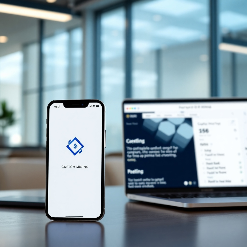 A photorealistic image, 8K resolution, ultra-detailed, depicting a mockup of a mobile app and a desktop website for a cryptocurrency mining platform. The branding is clean and modern, featuring a custom logo and color scheme.  The lighting is soft and diffused, creating a calm and trustworthy atmosphere. The camera angle is slightly elevated and shows both the mobile and desktop interfaces simultaneously.  Textures and materials include the smooth glass of the mobile screen, the subtle texture of the desktop screen, and the clean, minimalist design language.  Environmental elements include a modern office space with a blurred background suggesting professionalism. The overall mood is sophisticated, reassuring, and technologically advanced.  Props can include a smartphone showing the mobile app and a laptop displaying the website, both showcasing the same custom branding and intuitive user interface.  The style is similar to successful fintech brands, with a modern and user-friendly design.  The image should highlight the seamless integration and consistent branding across devices.