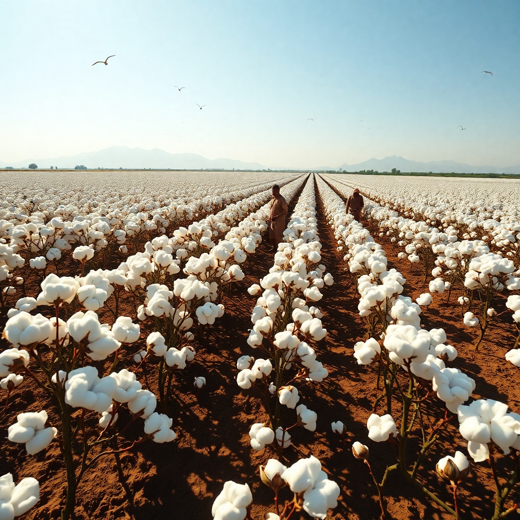 A photorealistic image, 8K resolution, hyperrealistic detail, in the style of a National Geographic documentary.  The scene depicts a vast, sun-drenched cotton field in India, with rows of fluffy white cotton bolls ready for harvest.  Workers in traditional clothing are gently picking cotton, their movements slow and deliberate.  The lighting is soft, diffused sunlight, casting long shadows. The color palette is warm and natural, with earthy tones of browns, greens, and the bright white of the cotton.  The camera angle is a high-angle, wide shot, showcasing the expansive field.  Textures should be highly detailed—the soft fluffiness of the cotton, the rough texture of the soil, and the weave of the workers' clothing.  The background includes a clear blue sky and a distant mountain range.  Include subtle atmospheric perspective for depth.  The overall mood is one of calm, hard work, and the abundance of nature. Environmental elements include birds flying overhead and the sound of gentle breezes rustling through the cotton plants.