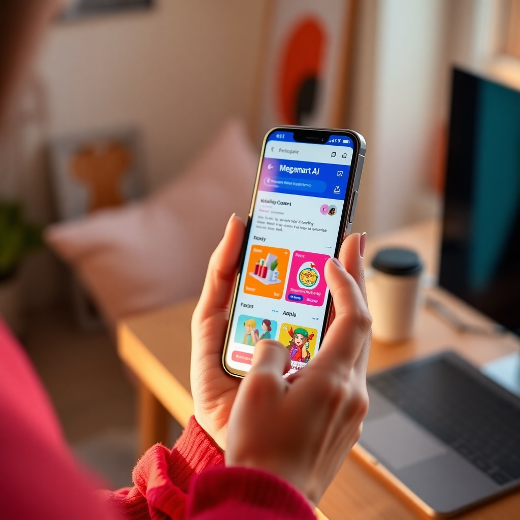 A photorealistic image, 8K resolution, hyperrealistic, showing a hand holding a smartphone displaying a MegaMart AI interface where AI-generated content (product descriptions, marketing copy) and graphics (banners, social media posts) are showcased. Soft, warm lighting bathes the scene, creating a friendly and approachable mood. The color palette is vibrant and energetic, showcasing diverse colors from the generated graphics. The camera angle is close-up, focusing on the phone screen and the hand holding it. The background should be blurred but shows a comfortable, creative workspace. High-quality, diverse textures are present—the smooth phone screen, the soft fabric of the clothes, the subtle wood texture of the desk. The overall style is inspired by lifestyle photography, conveying a sense of ease and empowerment. The AI-generated graphics and text should be diverse and visually appealing. The image aims for a clean aesthetic, resembling a high-quality promotional image for a tech product.  The user's reflection should be barely visible on the phone screen.