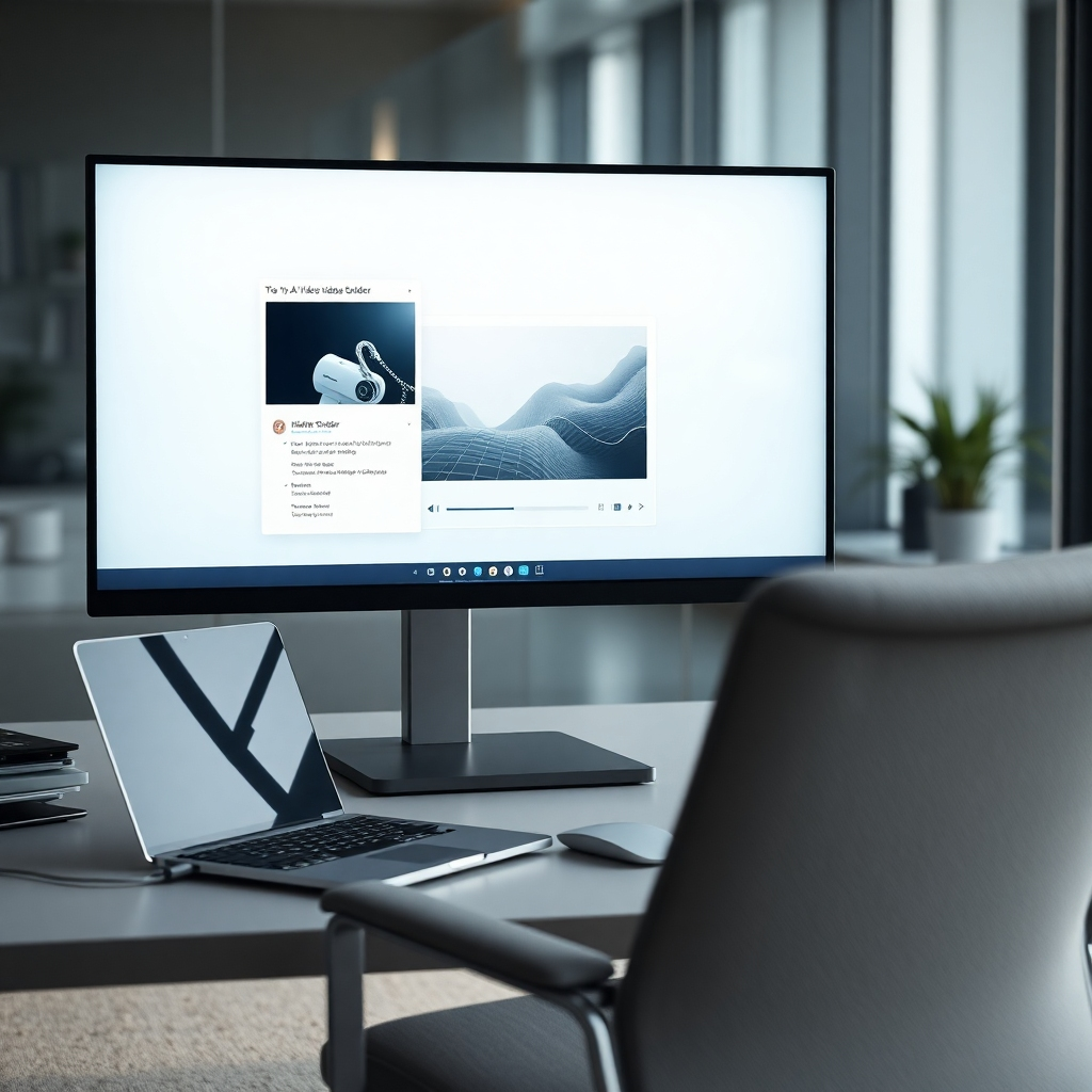 A photorealistic image, 8K resolution, hyperrealistic detail.  Depict a modern, minimalist workspace with a large monitor displaying the AI Video Builder interface showing a video in progress. Soft, diffused lighting.  The color palette should be cool and calming, with muted blues, grays, and whites. The camera angle is slightly elevated, looking down at the workspace. Textures include smooth glass on the monitor, brushed aluminum on the laptop, and soft fabric on the desk chair.  The background is blurred, showing a sleek, modern office environment.  The overall mood is one of calm efficiency and technological advancement. Props include a sleek wireless keyboard and mouse. Style reference: Annie Leibovitz's portrait style, but focusing on technology instead of people. The image should emphasize the ease and speed of the AI video creation process.  Include subtle hints of data visualization within the AI software display.  The scene should evoke a sense of innovation and sophistication.
