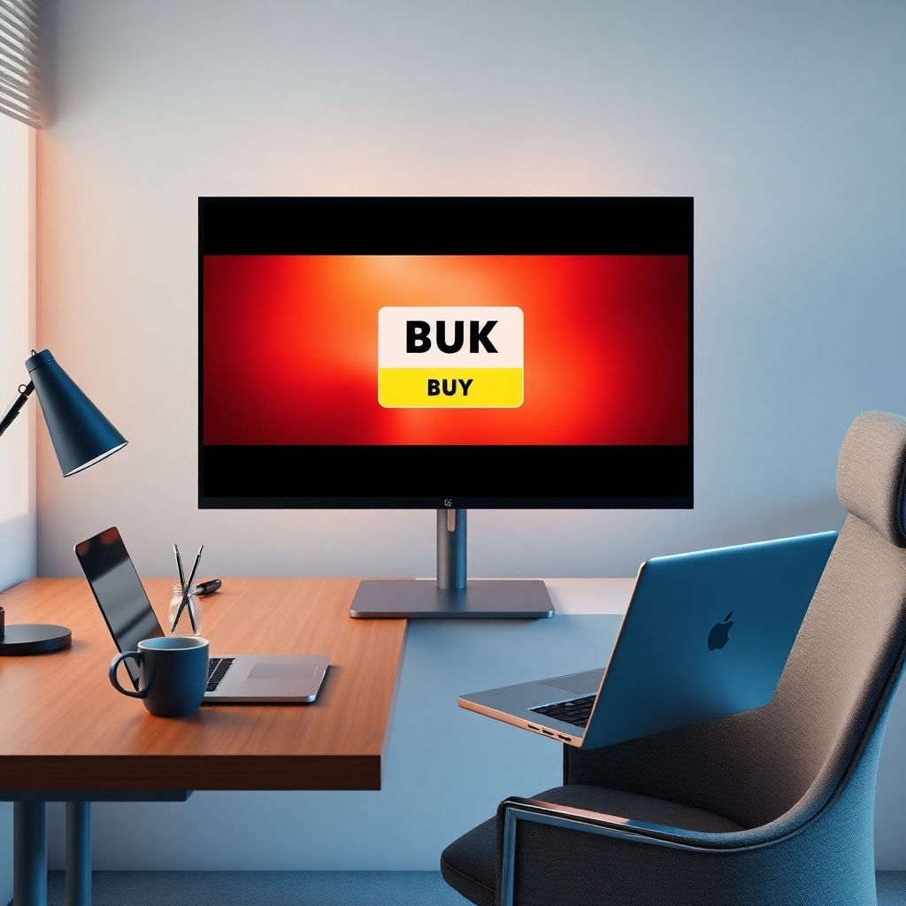 A photorealistic image, 8K resolution, hyperrealistic detail.  The scene: A clean, modern workspace with a large monitor displaying a vibrant 4K video with overlaid clickable elements (buy button, social media icons). Soft diffused lighting illuminates the workspace. Color palette: bright, clean, and modern with a technology feel (blues, grays, and accents of vibrant video colors). Camera angle: slightly elevated, looking down on the workspace from a three-quarter angle. Texture and material details: polished wood desk, sleek metal laptop, soft fabric chair, glass monitor. Environmental elements: minimal clutter, clean and organized, suggesting efficiency and professionalism.  Props: a coffee cup, a stylish pen, a mobile phone. Style reference: cinematic photography with a slight tech-bro feel. The overall mood should be sleek, professional, and inviting, conveying the ease and effectiveness of the service.