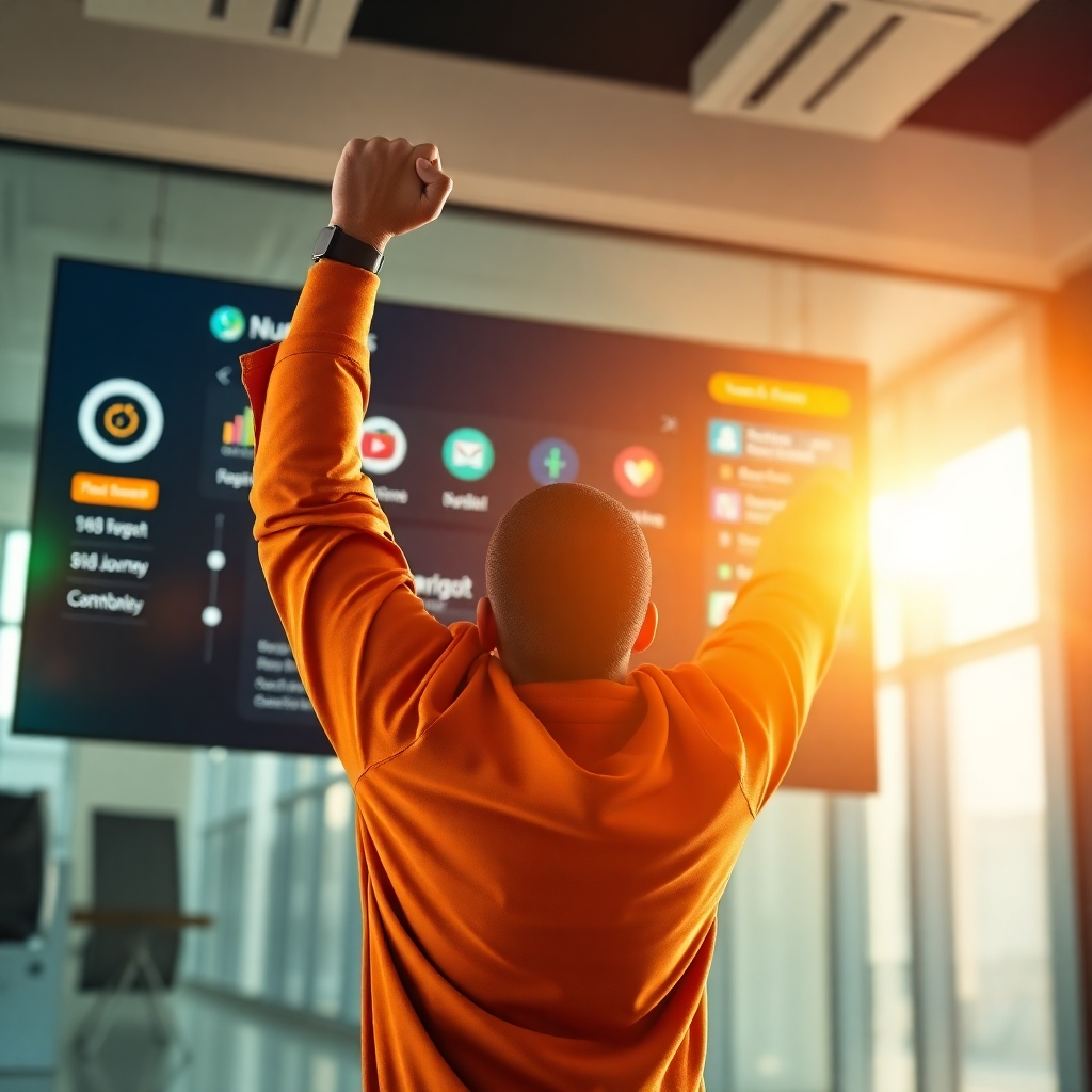 A photorealistic image, 8K resolution, hyperrealistic detail, dramatic side lighting, depicting a person triumphantly raising their fist in the air. In the background, a large transparent screen displays the Nucleus AI dashboard with multiple AI logos (ChatGPT, Midjourney, etc.) visibly active. The overall color palette is vibrant and celebratory, with warm yellows, radiant oranges, and deep blues.  The background is a modern, sleek office, suggesting a modern professional setting. The camera angle is from a slightly low perspective, emphasizing the individual's triumph. The textures are exceptionally detailed, showing the fine lines on the clothing and the texture of the screen.  The image should evoke a sense of success, empowerment, and cost-effectiveness. The style should reference the dynamism and boldness of advertising photography. The mood is one of jubilant achievement, highlighting value and affordability.