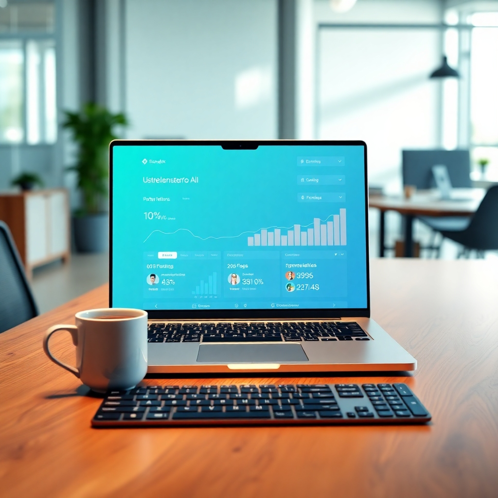 A photorealistic image, 8K resolution, hyperrealistic detail, depicting a clean, modern laptop displaying a user-friendly interface showing the FreelancerPro AI dashboard.  The screen shows various metrics like active freelancers, projects, and earnings, all positive and trending upwards.  Soft, diffused lighting illuminates the scene. The color palette is predominantly cool blues and greens, conveying trust and efficiency. The laptop is positioned centrally on a sleek, minimalist wooden desk, with a partially visible cup of coffee and a modern, wireless keyboard beside it.  The background is slightly blurred, showing a modern, bright office space. The perspective is from a slightly elevated angle, looking down on the laptop.  Textures should be highly detailed: the wood grain of the desk, the metallic finish of the laptop, and the soft texture of the coffee cup. The overall mood is optimistic and productive, representing the ease of use and effectiveness of FreelancerPro AI.  Camera angle: slightly high angle, looking down.  Style reference: Annie Leibovitz-style portrait photography but applied to product photography.  Environmental elements: modern office setting