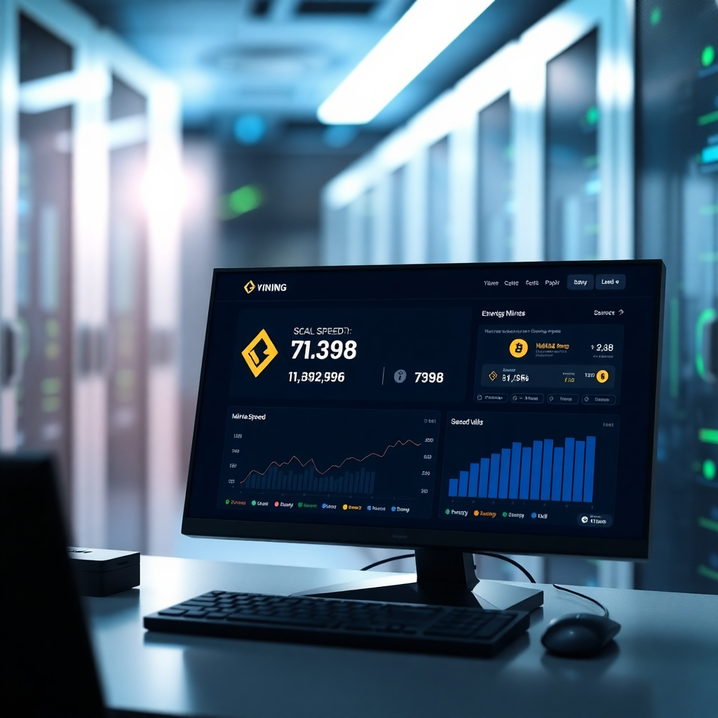 A photorealistic image, 8K resolution, hyperrealistic detail, of a modern, sleek web interface displaying real-time cryptocurrency mining data.  The interface is branded with a customizable logo and color scheme.  Soft, diffused lighting illuminates the scene, creating a clean and professional mood.  The camera angle is slightly elevated, looking down onto the screen. The background is a blurred image of a modern server room with subtle blue and green hues.  The interface showcases key metrics such as mining speed (hashes per second), earnings (in various cryptocurrencies), and energy consumption. The style is similar to high-end technology company websites. Texture and material details should include the smooth glass of the screen, the metallic finish of the server racks in the background, and the subtle texture of the desk surface. Include visual elements suggesting scalability and security, such as graph visuals showcasing upward growth and security icons subtly integrated into the interface.  The overall mood is one of trust, efficiency, and technological advancement.