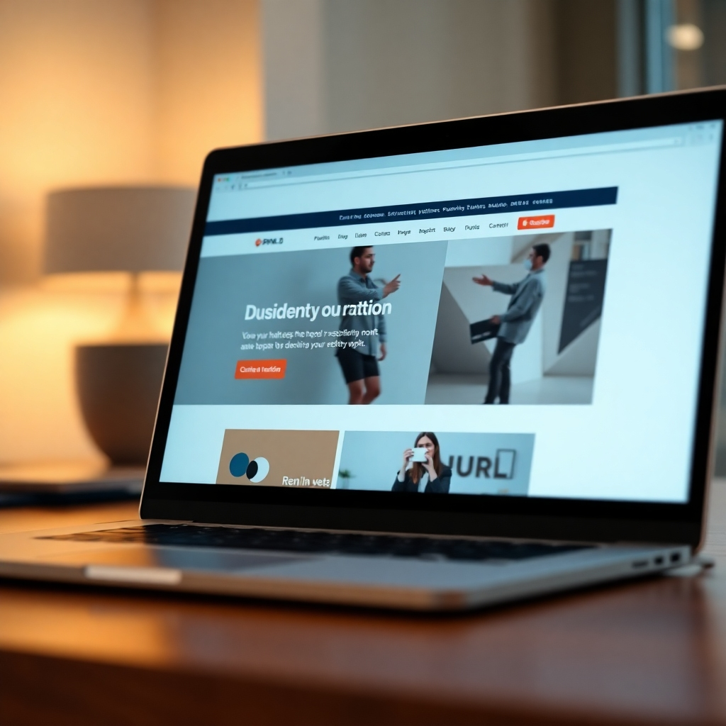 A photorealistic image, 8K resolution, hyperrealistic.  Show a close-up of a laptop screen displaying an exceptionally well-designed landing page from the RPM 3.0 system. The page is clean, modern, and visually appealing, with clear calls to action, high-quality images, and compelling copy. The color palette is sophisticated and professional, utilizing a limited palette with a primary brand color for emphasis. The lighting is soft, focusing light on the screen, with the surroundings softly illuminated to keep focus on the screen’s details. The camera angle is a straight-on, slightly elevated shot, to give a direct view of the screen. The texture of the laptop screen is highly realistic. The background should be subtly blurred, implying the professional environment. The style should reference a modern, minimalistic website design; focus on visual hierarchy and clean typography.  The overall mood is confident, professional, and successful. Style reference:  minimalist web design photography, focusing on clean and elegant visuals.