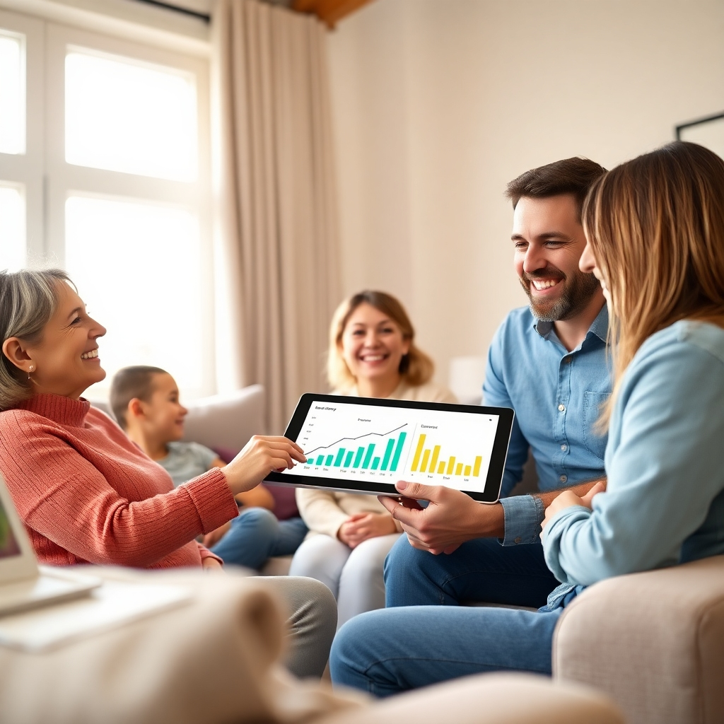 A photorealistic image, 8K resolution, depicting a friendly, professional energy consultant smiling warmly at a family in their living room. The family is attentively listening to the consultant, who is pointing at a tablet showing graphs indicating significant energy savings. The scene is brightly lit with natural light from a large window, giving a warm and welcoming feeling. The color palette is bright and optimistic with soft pastels. The camera angle is from a slight distance, offering a medium shot of the consultant and family engaged in conversation.  The textures include soft upholstery of the furniture, the smooth screen of the tablet, and the detailed texture of the family’s clothing. The room is tastefully decorated and uncluttered, showcasing a modern, comfortable home environment. The style is similar to the work of Steve McCurry, emphasizing warmth, connection and trust. The overall mood is positive, reassuring, and supportive. The focus is sharp on the faces of the family and the consultant, conveying genuine connection and relief.