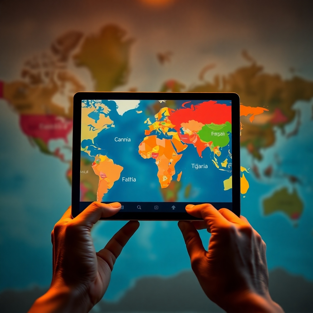 A photorealistic image, 8K resolution, showcasing a global perspective.  Warm, ambient lighting creates a welcoming atmosphere. The main focus is a world map, digitally overlaid with various languages and captions appearing simultaneously alongside a faceless video playing on a tablet. The colors are vibrant and diverse, reflecting cultural diversity.  The tablet is held by a person's hands (only hands visible), indicating global accessibility.  The background is a blurred image of the world, subtly showing various landscapes and cultures.  Camera angle is a slightly elevated bird's eye view. The style should be akin to National Geographic photography with a modern twist.  Textures are smooth tablet screen, realistic skin tones on hands.  The mood is optimistic and inclusive. Environmental elements include a slightly blurred world map background, softly hinting at international collaboration and reach.  The image should clearly demonstrate the multi-language capabilities and captioning features.