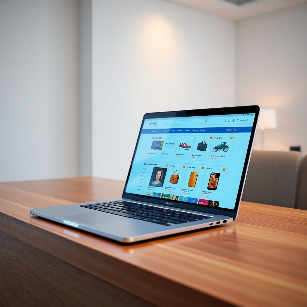 A photorealistic image, 8K resolution, hyperrealistic detail, showcasing a clean, modern laptop screen displaying a MegaMart AI dashboard with an Amazon affiliate store interface.  The store is filled with high-quality product images of various categories (electronics, home goods, clothing).  Soft diffused lighting illuminates the scene, creating a calm and professional mood. The color palette is sleek and modern, with blues, grays, and accents of bright product colors. Camera angle is slightly elevated, looking down onto the laptop.  The laptop rests on a polished wooden desk in a minimalist, brightly lit office, with subtle background elements suggesting a successful online business. Texture and material details are highly realistic; the laptop's metallic finish, the wood grain, and the fabric of the chair are all meticulously rendered. The overall style is similar to Apple's product photography, emphasizing clean lines and functionality.  Include a subtle reflection of the user in the laptop screen, hinting at user engagement. The image should evoke feelings of ease, speed and efficiency.