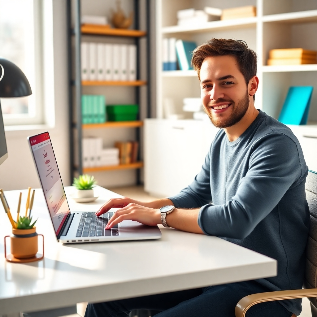 A photorealistic image, 8K resolution, hyperrealistic detail, depicting a person sitting at a modern, minimalist desk in a bright, sunlit office. Soft, diffused lighting. The person is smiling and looking at a laptop screen displaying an open email with the subject line "Email Millionaire Campaign." The color palette is bright and cheerful, emphasizing optimism and success.  The laptop is sleek, modern, and subtly branded with the Email Millionaire logo. On the desk are a wireless keyboard, a stylish pen holder with gold pens, and a small succulent plant. The background is slightly blurred, showing shelves with neatly organized books and office supplies. The overall mood is one of calm confidence and effortless success. Camera angle: slightly elevated, looking down at the person and the laptop.  The image should evoke a feeling of ease and productivity, inspired by the works of Annie Leibovitz. Textures should be highly detailed, showing the smooth surface of the laptop, the rough texture of the desk, and the soft leaves of the succulent.  The overall style should be clean, modern, and aspirational, reflecting the ease and simplicity of Email Millionaire.