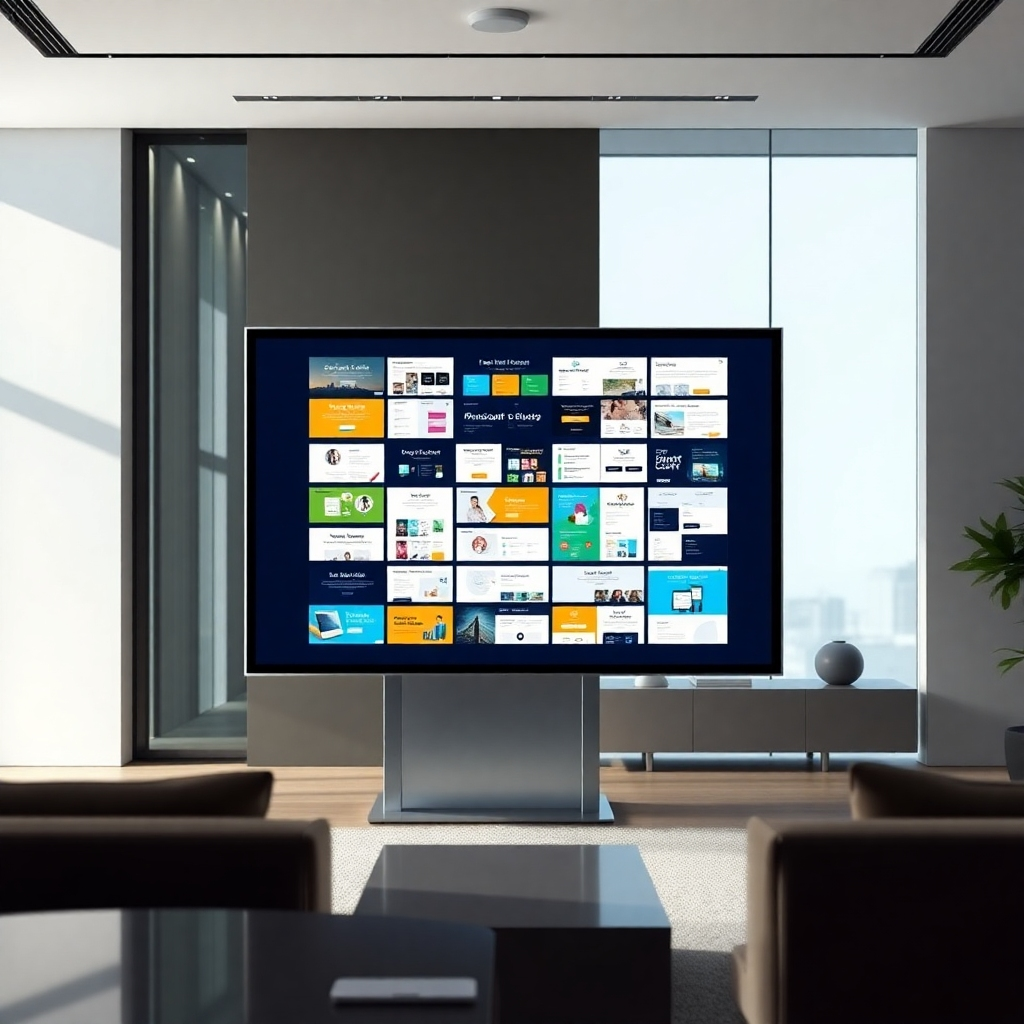 A photorealistic image, 8K resolution, hyperrealistic detail, showcasing a diverse selection of 500+ SalesWave funnel templates displayed on a large, modern touchscreen.  Soft, diffused lighting illuminates the screen, highlighting the clean, modern design and vibrant color palette of the templates. The background is a sleek, minimalist office setting with modern furniture and muted colors. Camera angle is slightly elevated, looking down at the screen.  The overall mood is professional, clean, and innovative, conveying ease of use and high-quality design.  Textures should include the smooth glass of the screen, the subtle texture of the modern office furniture and polished surfaces.   The image should be in the style of a high-end technology advertisement.  The focus is on the clarity and diversity of the funnel templates on the screen, which are colorful and easily understandable at a glance. Include subtle reflections in the screen to enhance realism.  Environmental elements should reflect a professional yet modern workspace. 