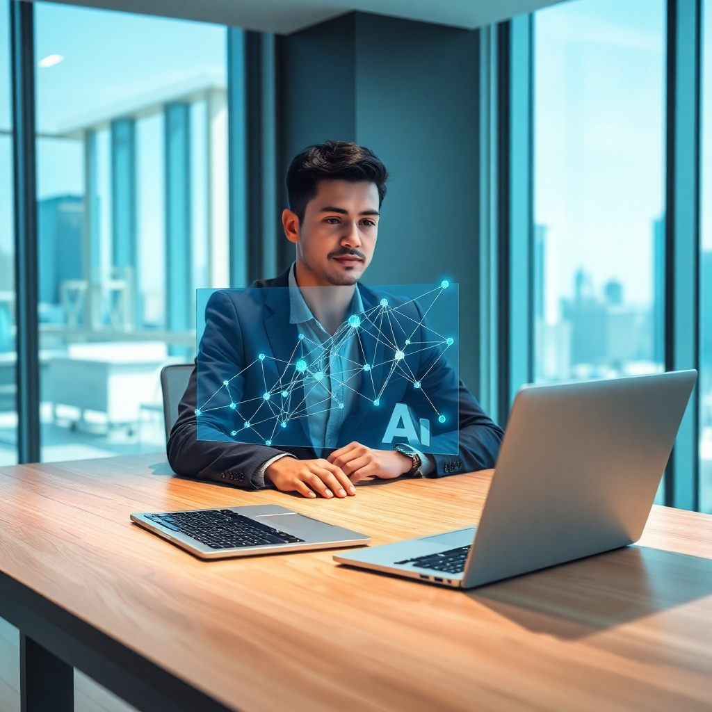 A photorealistic image, 8K resolution, hyperrealistic detail, depicting a young, ambitious professional sitting at a sleek, modern desk in a brightly lit, minimalist office. Soft, diffused lighting enhances the scene's clean aesthetic.  The professional is confidently looking at a holographic projection displaying a dynamic network graph representing career growth opportunities powered by AI.  The color palette is a blend of cool blues and greens, suggesting productivity and innovation. The desk is made of polished light oak wood, with a high-tech laptop displaying a user-friendly AI interface and a wireless keyboard with a subtle backlighting.  The background is a blurred cityscape through large windows, showcasing ambition and opportunity.  The scene is rendered in the style of a contemporary business portrait, emphasizing professionalism and sophistication. The image should evoke a feeling of confidence, hope, and future success. The focus is on the individual, highlighting the transformative potential of AI for career development. The overall mood is optimistic and forward-looking, conveying a message of empowerment and possibility.