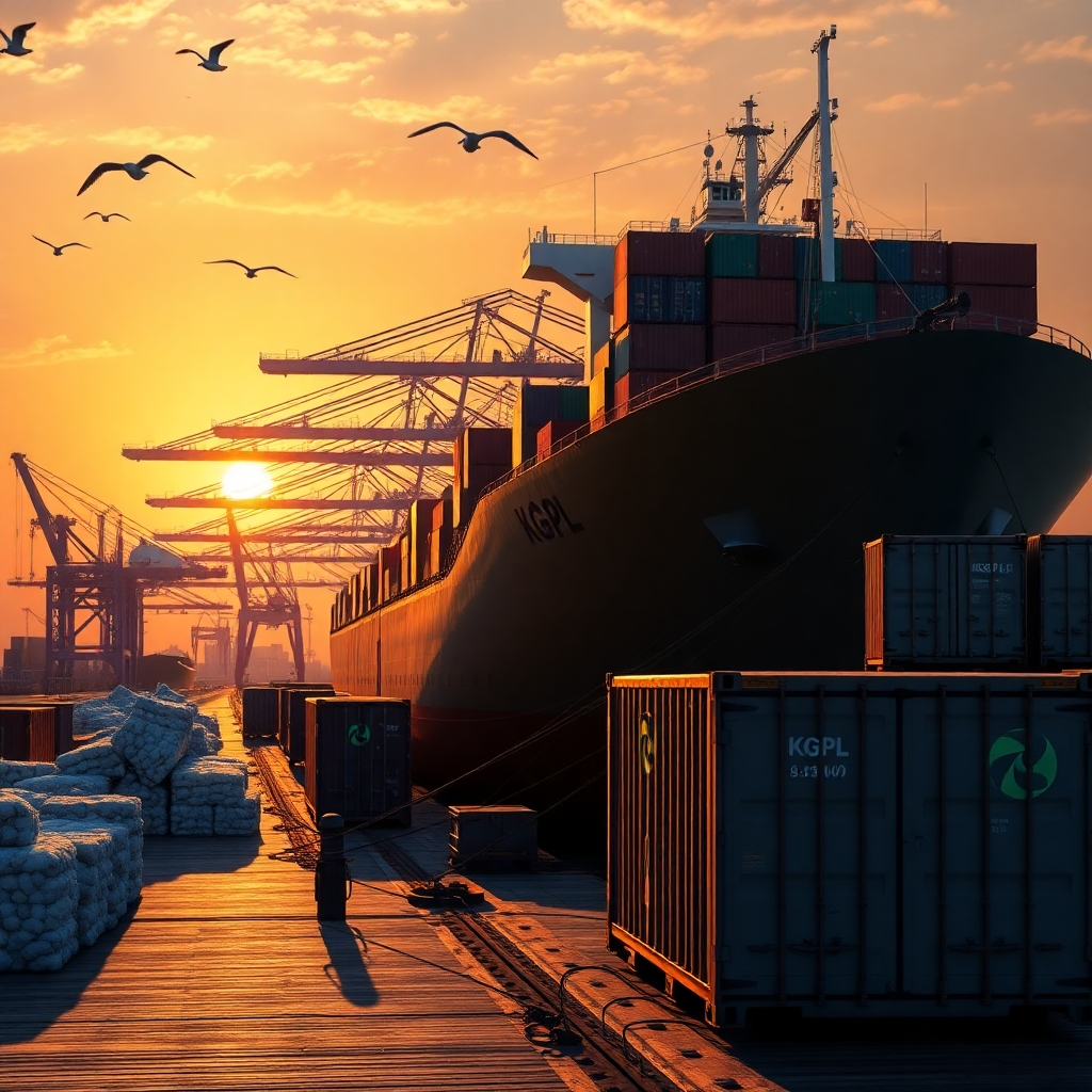 A photorealistic image, 8K resolution, hyperrealistic detail, in the style of a contemporary commercial photography.  The scene should depict a bustling port in Mumbai at sunset.  A large cargo ship is being loaded with bales of cotton and textile products, with cranes actively working against a vibrant backdrop. The lighting is a warm, golden sunset light, casting a long shadow from the ship and cranes. The color palette consists of deep blues of the ocean, warm oranges and reds of the sunset, and the natural colors of cotton bales and containers.  The camera angle should be from a medium distance, focusing on both the ship and the activity on the docks. Textures should include the rough texture of the cotton bales, the metallic sheen of the ship, and the wooden planks of the docks. Environmental elements include seagulls flying overhead and the sounds of the port activity. The overall mood is one of efficiency, global trade, and vibrant activity. Add a subtle watermark of KGPL logo on one of the shipping containers. The image should evoke a sense of dynamism and international trade.