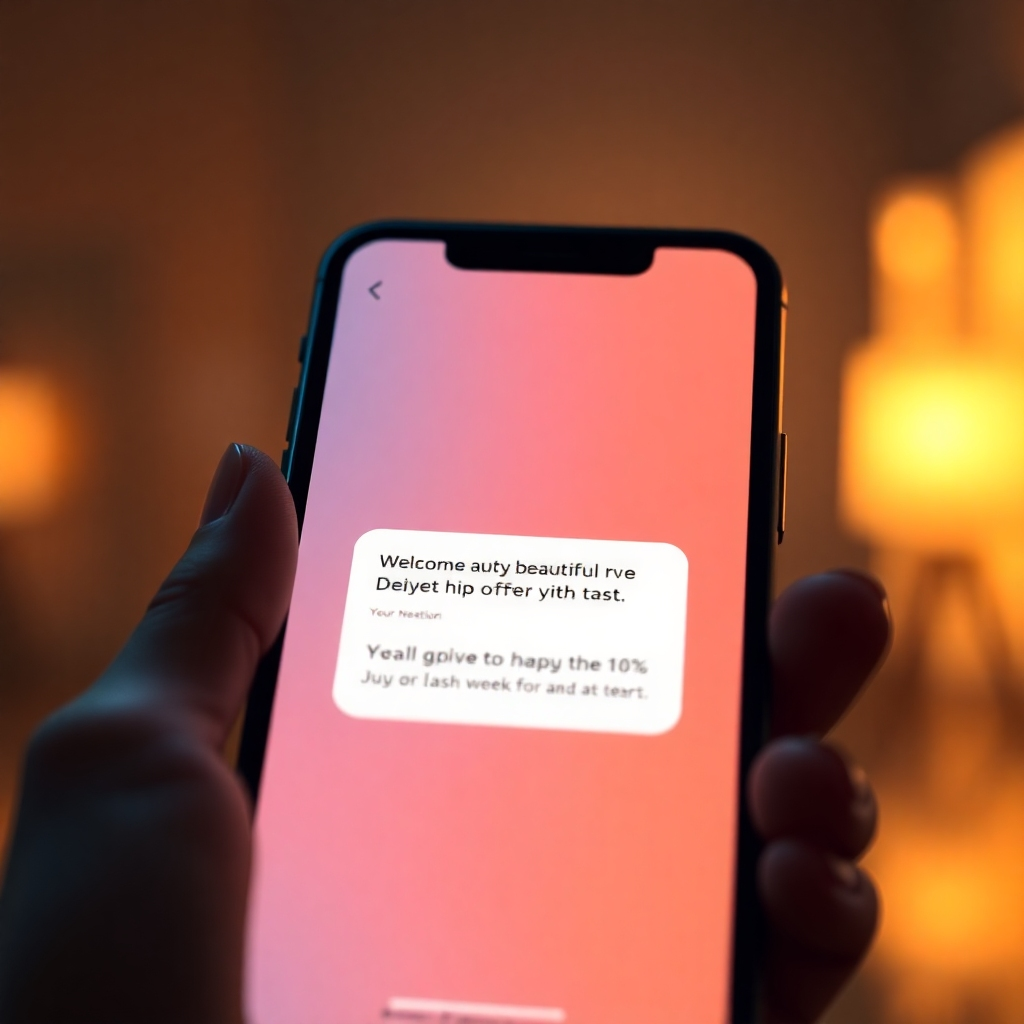 A photorealistic image, 8K resolution, depicting a smartphone displaying a beautifully designed push notification with a compelling offer.  The lighting is soft and warm, creating a welcoming atmosphere. The color palette is harmonious, with the notification's primary color complementing the app's design. The camera angle is from a slightly elevated perspective, focusing on the smartphone screen. The background is subtly blurred, keeping the attention on the notification. Textures include the smooth glass of the screen and the subtle texture of the phone's casing.  The mood is inviting and intriguing, conveying a sense of immediacy and engagement.  The style is a blend of modern minimalist design with elements of luxury branding, inspired by leading technology companies.  The image should capture the feeling of excitement and anticipation generated by receiving a personalized notification.  The image must be hyperrealistic and ultra-detailed.