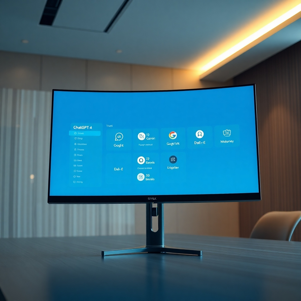 A photorealistic image, 8K resolution, hyperrealistic detail, soft diffused lighting, showcasing a clean, modern interface on a large, curved monitor.  The interface displays icons representing ChatGPT 4, Google Gemini, Dall-E, Midjourney, and other AI tools, neatly organized. The color palette is sophisticated, using calming blues and grays with accents of bright teal. The background is a minimalist, modern office setting with subtle wood textures and ambient lighting. The camera angle is slightly elevated, looking down onto the monitor at an angle. The mood should be calm, productive, and efficient, conveying ease of use and power.  The overall style should be reminiscent of high-end tech product photography, similar to Apple product shots.  The monitor should subtly reflect the ambient office lights, and textures should be ultra-detailed, showing the subtle grain of the wood and the sleek finish of the monitor. The image should suggest a feeling of seamless integration and streamlined workflow.