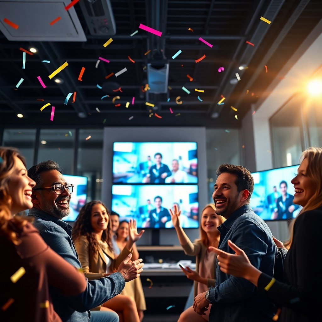 A photorealistic image, 8K resolution, depicting a celebratory atmosphere. Bright, dynamic lighting emphasizes the joyful mood.  The central focus is a group of diverse people smiling, watching a video on multiple screens, showcasing successful commercial applications of the video (e.g. ads, social media). The colors are vivid and energetic. The background includes a modern office space with bright lighting and a sophisticated, contemporary design. The camera angle shows the scene from a dynamic viewpoint. The style reference is a blend of commercial advertising and stock photography styles. Textures include the smooth screens, the fabrics of clothing, and potentially printed marketing materials. The overall mood is triumphant and successful.  Props include multiple high-definition screens displaying faceless videos in commercial use.  Environmental elements include modern office furniture, sleek devices, celebratory confetti, and happy faces. The image should communicate a sense of commercial success and freedom from copyright restrictions.