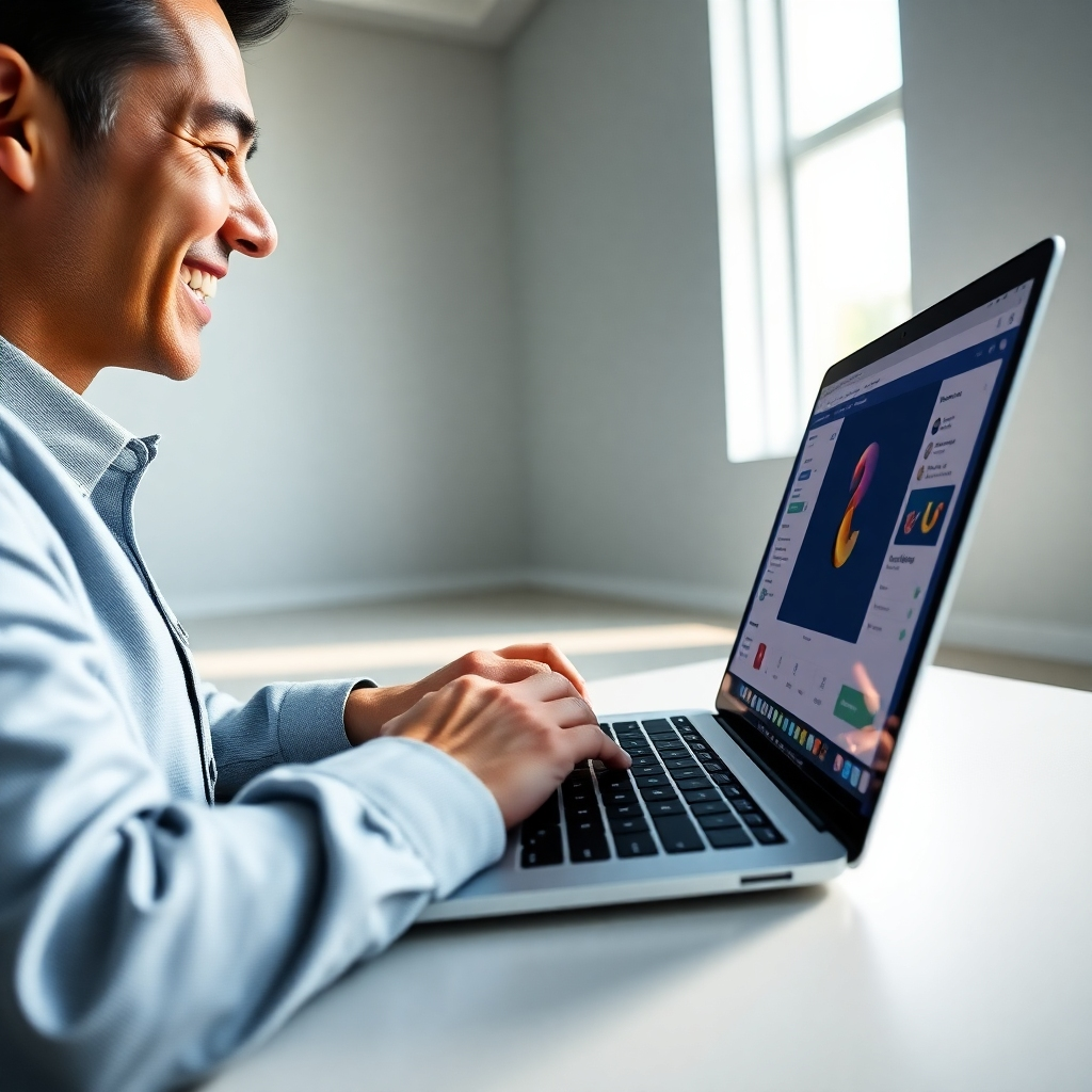 A photorealistic image, 8K resolution, hyperrealistic detail, showing a person smiling and easily using a sleek, modern interface of an app builder on a MacBook Pro. The interface features drag-and-drop functionality, clearly showing pre-designed templates and customization options.  Soft, diffused lighting illuminates the scene. Color palette is modern and clean, with accents of blue and green. The background is a minimalist, light-grey office with a window showing a bright, sunny day. Camera angle is a slight high-angle shot, focused on the person's hands and the screen. Textures include the smooth aluminum of the laptop, the soft touch of the keyboard, and the crisp, clear display. The overall mood is positive, productive, and user-friendly. Style references: Annie Leibovitz portrait photography, combined with the clean design aesthetic of Apple product photography.