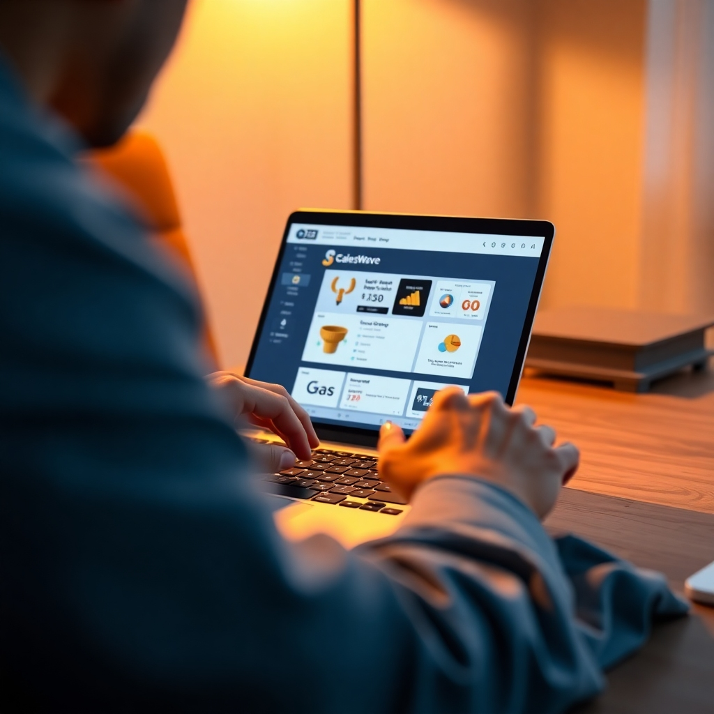 A photorealistic image, ultra-detailed, 8K resolution, depicting a person using SalesWave's drag-and-drop interface on a sleek laptop. The scene is lit with soft, warm lighting, creating a comfortable and inviting atmosphere. The color palette is warm and inviting, emphasizing ease of use and productivity. The camera angle is slightly over the person's shoulder, showing the laptop screen clearly. The laptop's screen displays a high-converting funnel being built using the drag-and-drop interface, with elements clearly labeled and easy to understand. The person's hands are clearly shown interacting with the software, emphasizing the intuitive design. The overall mood is calm and focused. The image should be in the style of a high-end technology advertisement, showcasing the elegance and user-friendliness of the interface. Textures should include the smooth surface of the laptop, the texture of the user's hands, and a wooden desk surface.  The background should be minimalistic and uncluttered, helping to focus attention on the interface. 