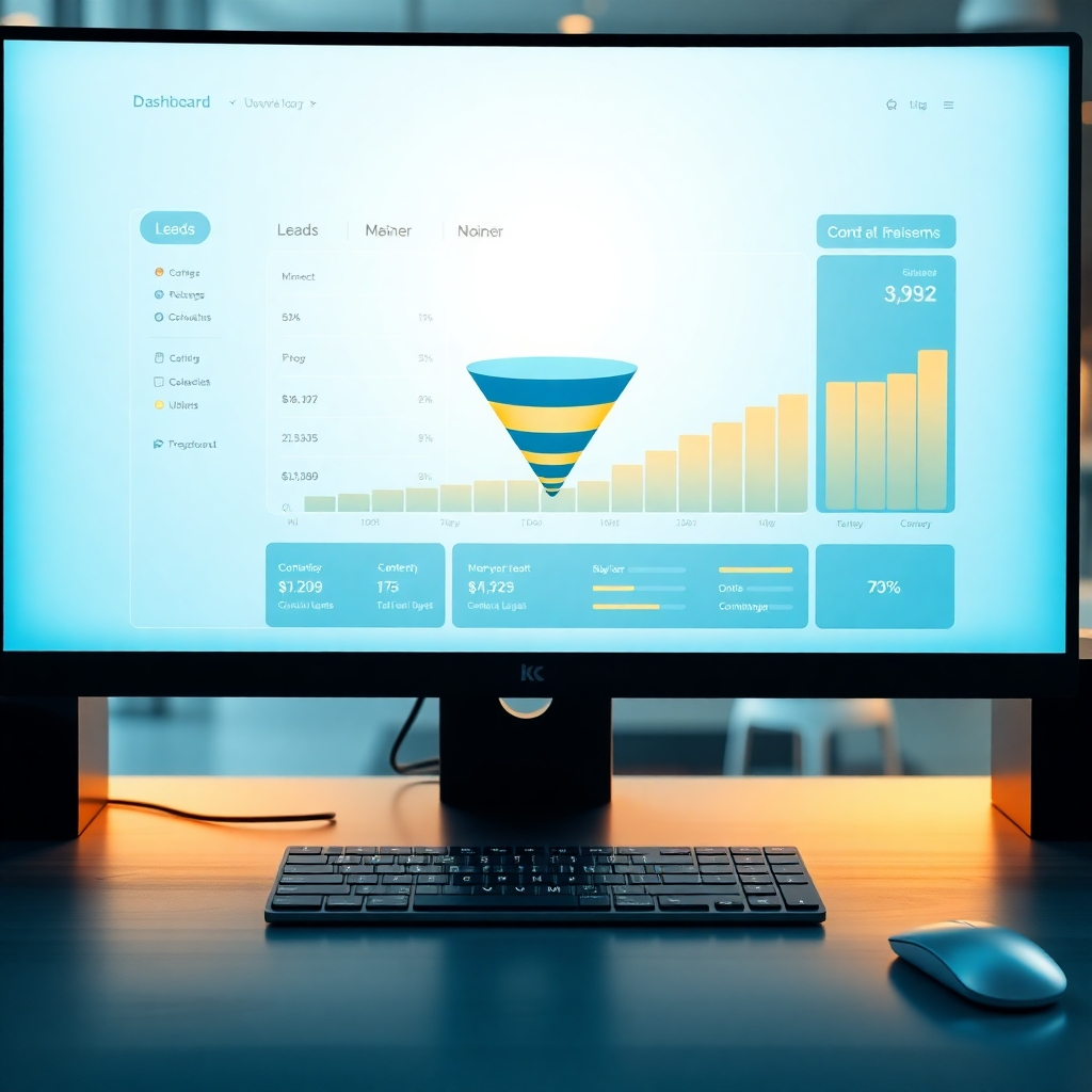 A photorealistic image, ultra-high quality, 8K resolution, depicting a clean, modern dashboard interface on a large monitor. Soft, warm lighting illuminates the screen, which displays a visual representation of leads flowing into a sales funnel. The funnel is animated, showing the conversion process from leads to sales. The color palette is calm and professional, featuring blues and greens with subtle gold accents.  The monitor is surrounded by other tech gadgets, like a sleek wireless keyboard and a minimalist mouse.  A subtle bokeh effect in the background suggests a high-tech office environment. The image should evoke a feeling of efficiency, control, and automated success, in the style of a high-tech corporate promotional image. The image emphasizes the ease and automation of the lead generation system.  The textures should be highly detailed, depicting the smooth glass of the monitor, the metallic surfaces of the keyboard and mouse, and the slightly textured desk surface. The camera angle is a direct shot, capturing the entire screen and its immediate surroundings. The perspective is from the eye level of someone seated at the desk.