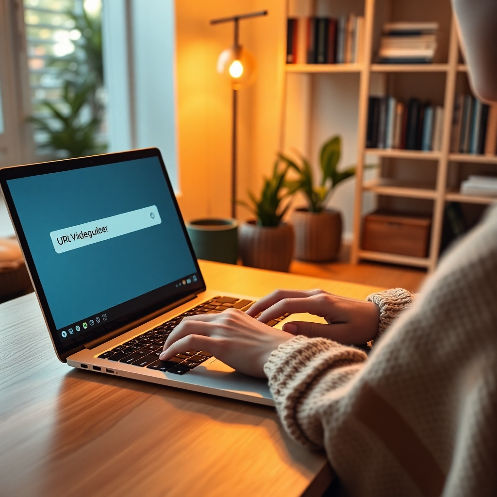 A photorealistic image, ultra-high definition, emphasizing detail and realism.  Show a person sitting at a laptop, using AI Video Builder to create a video from a URL.  The laptop screen displays the URL and a progress bar indicating video generation.  The lighting should be warm and inviting, with a soft golden hue. The camera angle should be over-the-shoulder, focusing on the laptop screen and the person's hands interacting with the keyboard. Color palette: warm neutrals, with accents of gold and teal. The scene takes place in a cozy, well-lit home office.  Textures include soft wood on the desk, smooth metal on the laptop, and rough texture of a wool blanket.  The mood should be calm, focused, and productive. Background elements: Bookshelves, potted plants. Style reference: a contemporary, lifestyle photography style, clean and minimal. The overall feeling should communicate simplicity and efficiency.