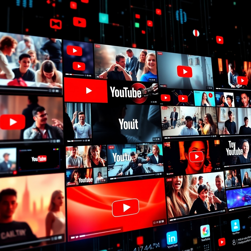 A photorealistic image, ultra-high definition (8K), showcasing a vibrant and dynamic montage of various successful YouTube videos with overlaid Dynova AI ads prominently displayed. The ads should be diverse and reflect different niches and product categories.  Dramatic side lighting to highlight the ads and videos. Color palette: bold and bright, reflecting the energy of YouTube. Camera angle: a slightly dynamic, sweeping perspective moving across several videos and ad placements. Environmental elements should be digitally created and should reflect a bustling online world, including data streams and network connections. Include various social media icons.  Style reference: a cinematic trailer style, similar to a blockbuster movie. Texture and material: sharp, clear digital elements contrasted with smooth video imagery. Props: none needed. The mood should convey excitement, success, and endless possibilities.