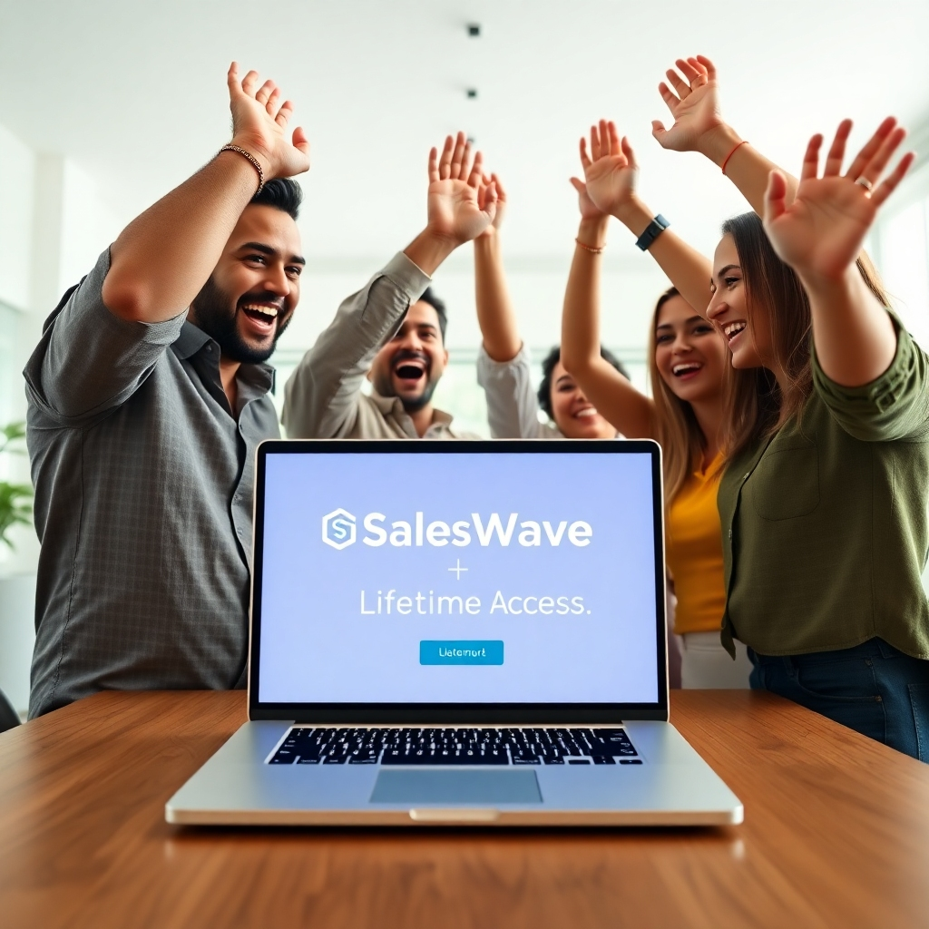 A photorealistic image, ultra-high definition, 8K resolution, depicting a celebratory moment. A young, diverse group of entrepreneurs in a bright, modern office, cheering and high-fiving while looking at a laptop displaying SalesWave's lifetime access confirmation. The lighting is bright and airy, symbolizing success and freedom. The color palette is vibrant and positive, reflecting the excitement of achieving a business goal. The camera angle is slightly low, creating a dynamic perspective.  Focus is on the faces of the celebrating entrepreneurs, conveying joy and relief.  The laptop screen displays the SalesWave logo and a clear message indicating lifetime access.  Textures include the smooth surface of the laptop, the fabric of their clothing, and the wood grain of the office table. The background shows a clean, modern office environment, filled with positive energy. The overall style is celebratory and inspiring, in the style of a commercial advertisement for a successful business tool.  