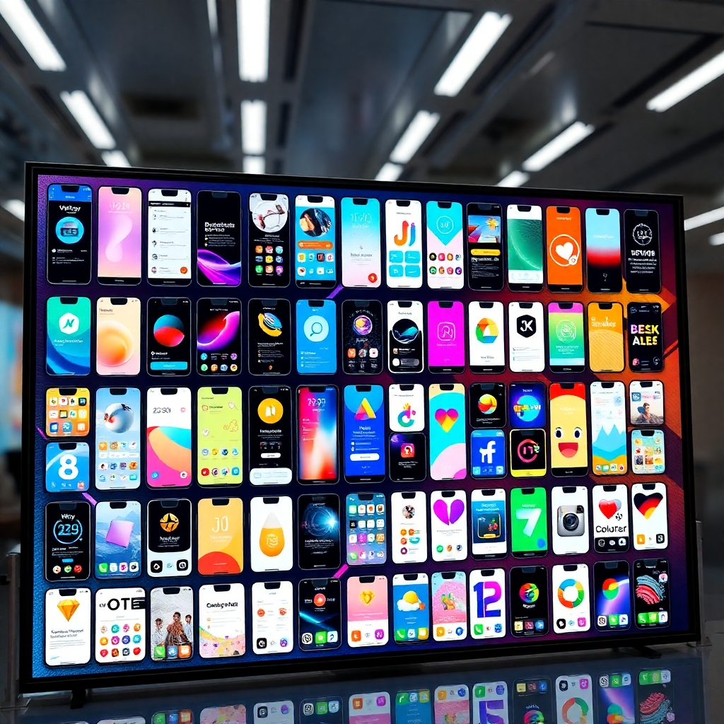 A photorealistic image, ultra-high definition, showcasing a diverse selection of 100+ visually appealing mobile app interfaces on a large, high-resolution screen.  The lighting is bright and even, highlighting the vibrant colors and design elements of each app. The color palette is rich and varied, reflecting the diversity of the app templates. The camera angle is slightly above, providing a clear view of all the apps. The background is blurred, maintaining focus on the apps.  Textures include the smooth glass of the screen and the subtle reflections of light.  The overall mood is exciting and innovative. The style is similar to high-end app store promotional material with a clean, minimalist design. Environmental elements include a subtly futuristic background to suggest advanced technology. Technical specifications: 8K resolution, hyperrealistic, ultra-detailed.