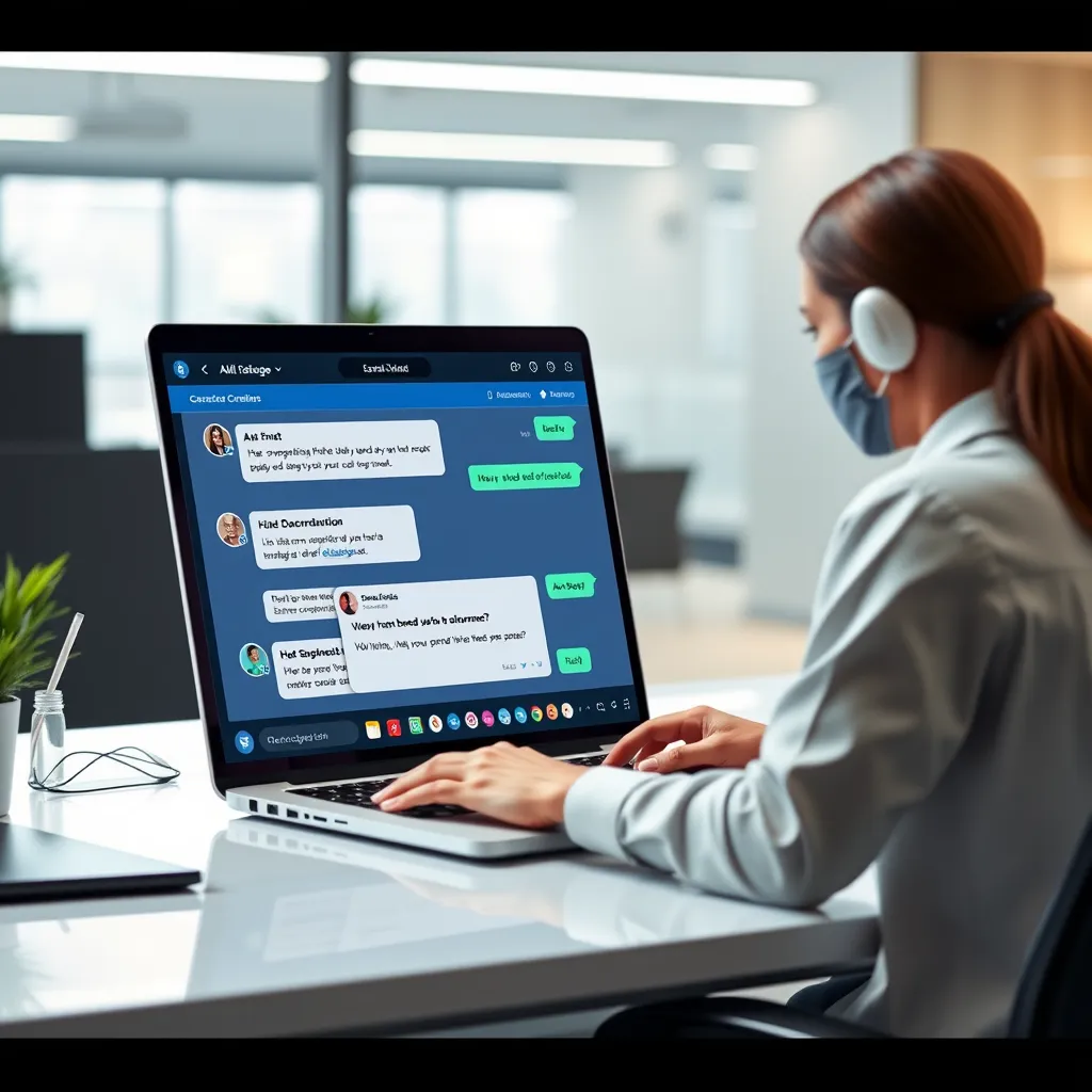 A photorealistic image capturing the seamless integration of AI DADDY's chatbots into a website.  The image should showcase a customer engaging in a conversation with a chatbot on a website, with the chatbot's interface blending seamlessly with the website's design. The chatbot should be engaging and informative, providing helpful responses and personalized solutions. The background should depict a modern office setting, with a customer interacting with a website on a sleek laptop. The lighting should be natural and bright, emphasizing the clarity and ease of communication.  The scene should capture a sense of efficiency and customer satisfaction, showcasing the power of AI DADDY's chatbot technology.