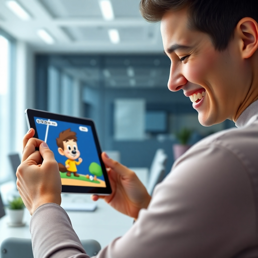 A photorealistic image depicting a person smiling and looking at a tablet displaying a vibrant, cartoon-style animated video of a toon character; the background should be a modern, minimalist office setting, showing the efficiency and speed of the process.