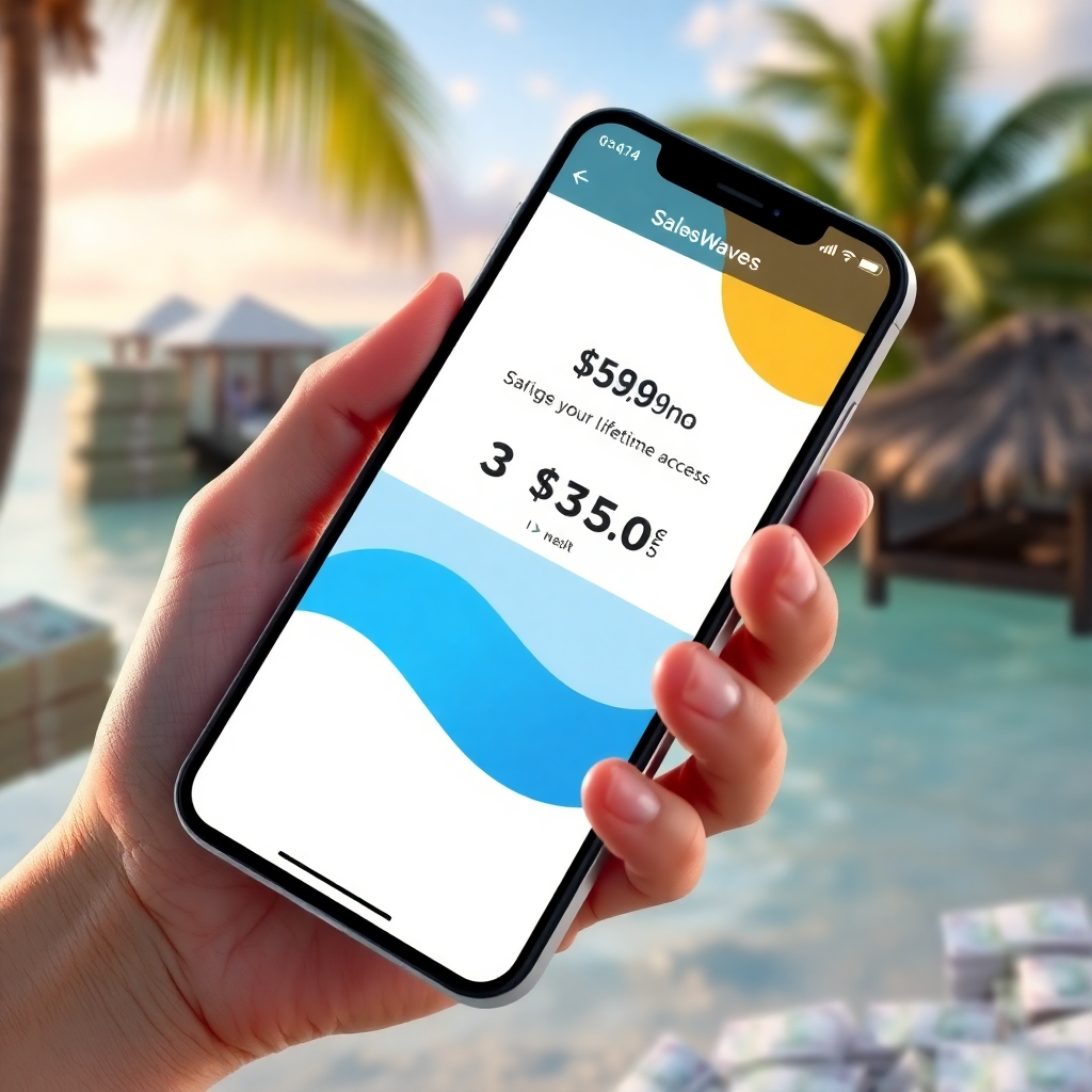 A photorealistic image depicting a hand holding a smartphone displaying a SalesWave pricing page showing a single, affordable price for lifetime access. The background should include elements suggesting financial savings or freedom, like a stack of money or a peaceful tropical beach.