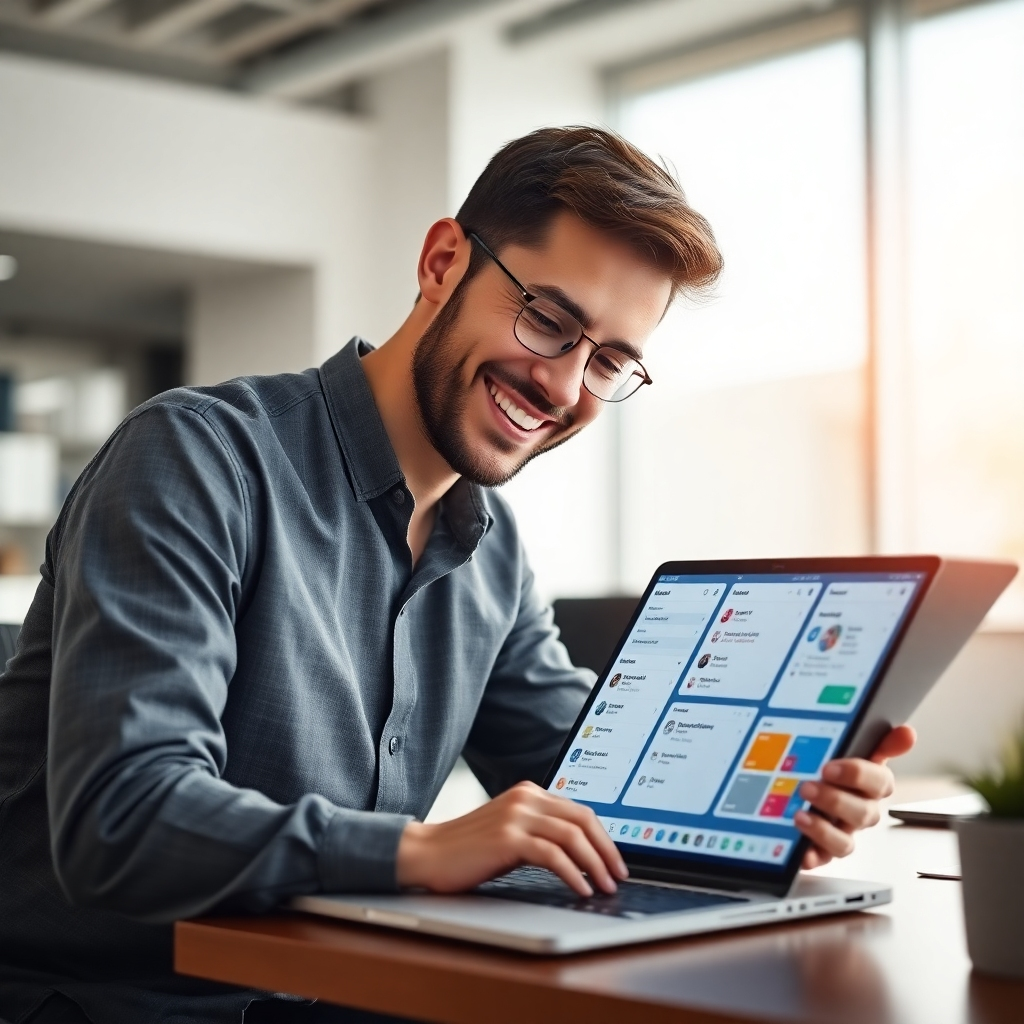 A photorealistic image depicting a person smiling and looking at a laptop displaying various AI-powered productivity tools, such as a calendar with AI-generated scheduling, a note-taking app with AI-powered summarization, and a task management app with AI-powered prioritization. The background should be a modern, minimalist office space, with natural light streaming in through a large window. The overall mood should be one of calm, focused productivity and efficiency.