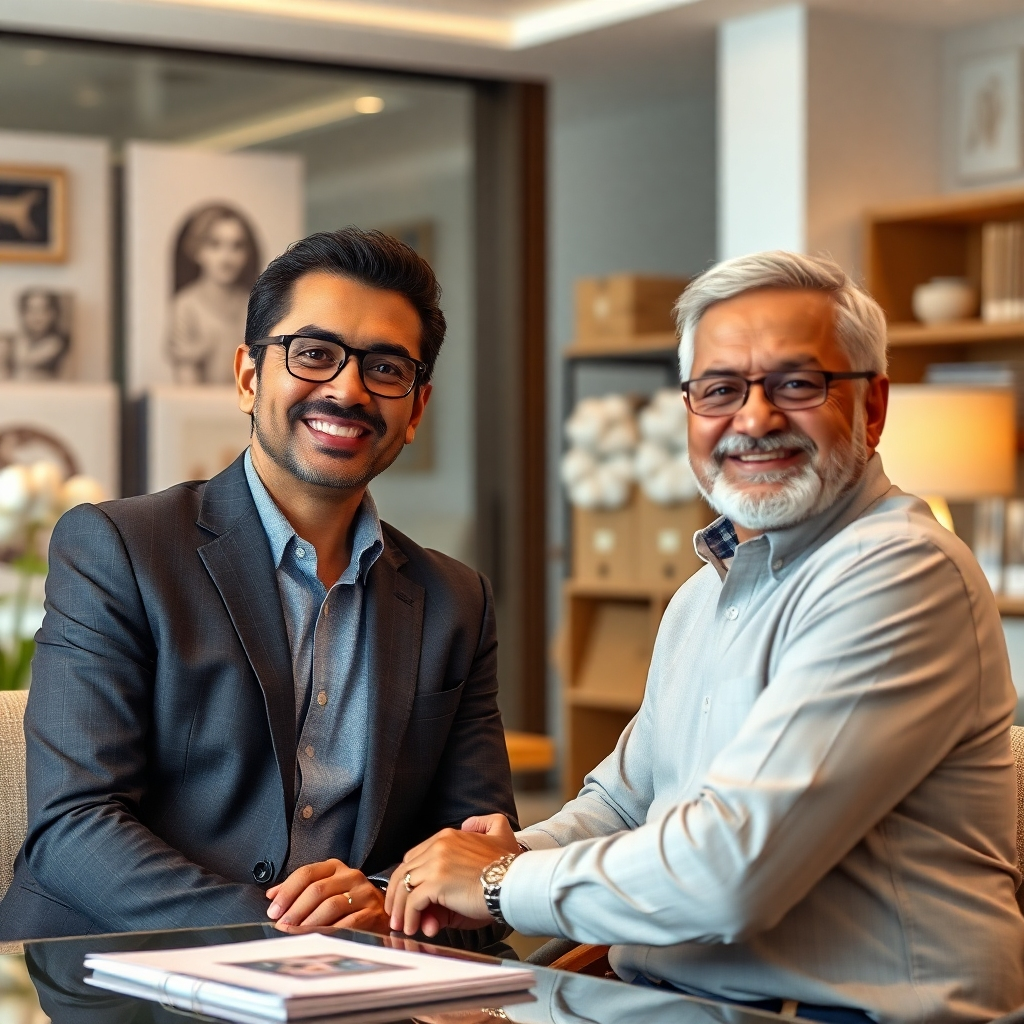 A photorealistic image depicting a meeting between a satisfied client and Mr. Vinay Kotak. The setting should be a modern, well-furnished office with a warm and professional atmosphere. The expressions of both individuals should convey trust, collaboration, and mutual success. High-quality cotton samples and textile designs should subtly be visible in the background.