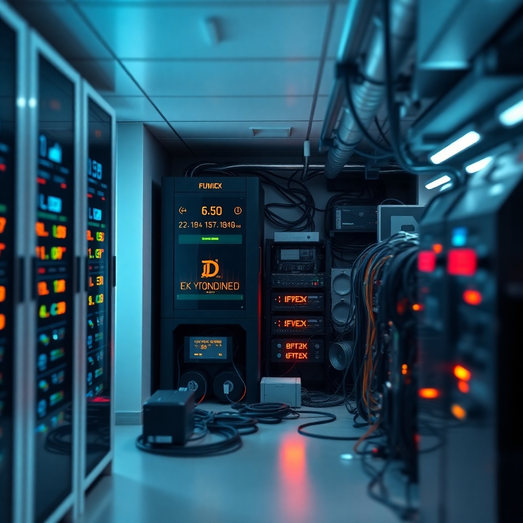 A photorealistic image depicting a clean, modern server room with glowing servers and digital displays showing cryptocurrency values, contrasted with a cluttered basement filled with noisy, overheating mining rigs. The background should be blurry, highlighting the contrast between cloud mining and traditional mining.  The overall mood should be one of sleek efficiency versus chaotic complexity.