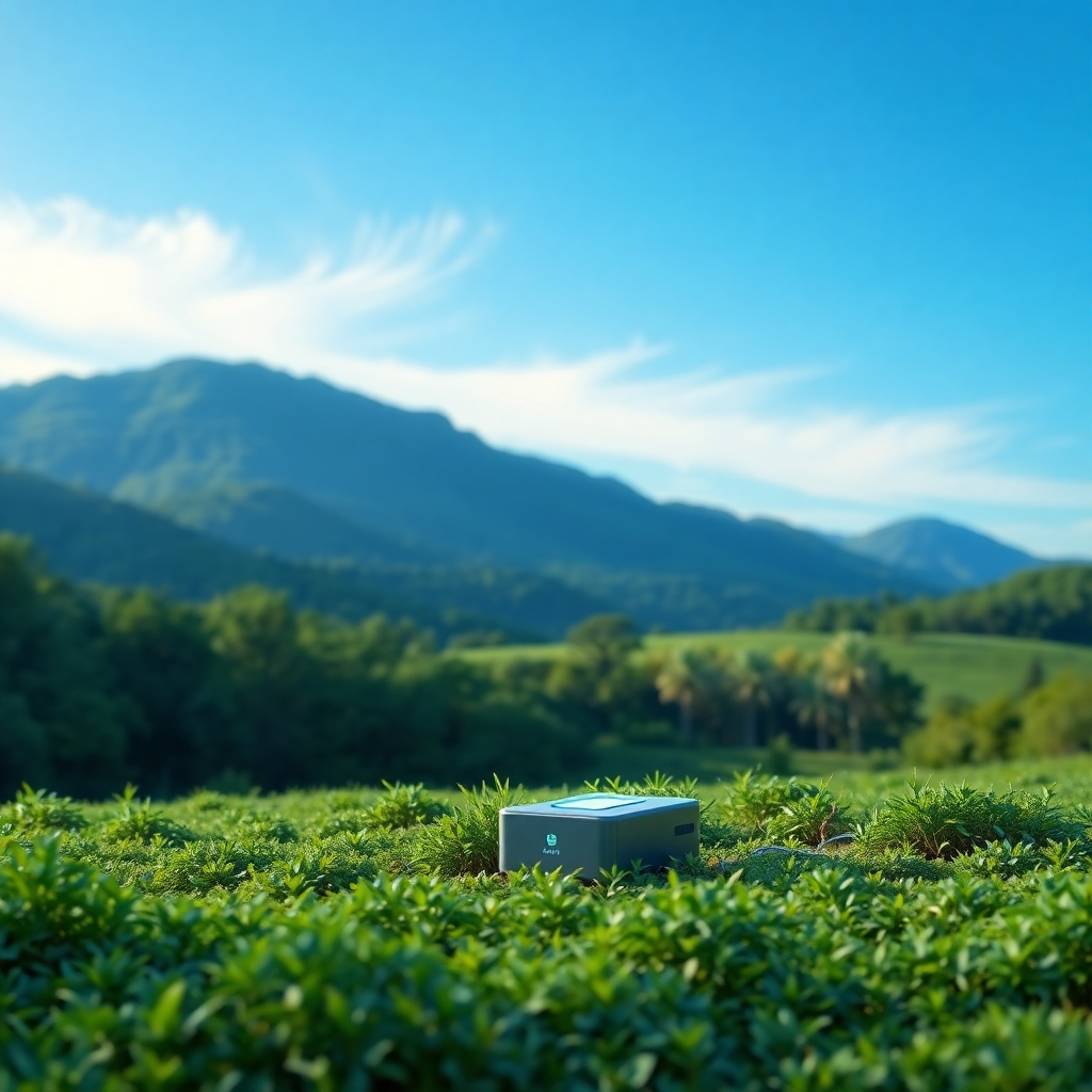 A photorealistic image depicting a vibrant, lush green landscape with a clear, blue sky. In the foreground, a small, sleek device sits, subtly glowing, representing clean, sustainable energy. No pollution or harmful emissions are visible.