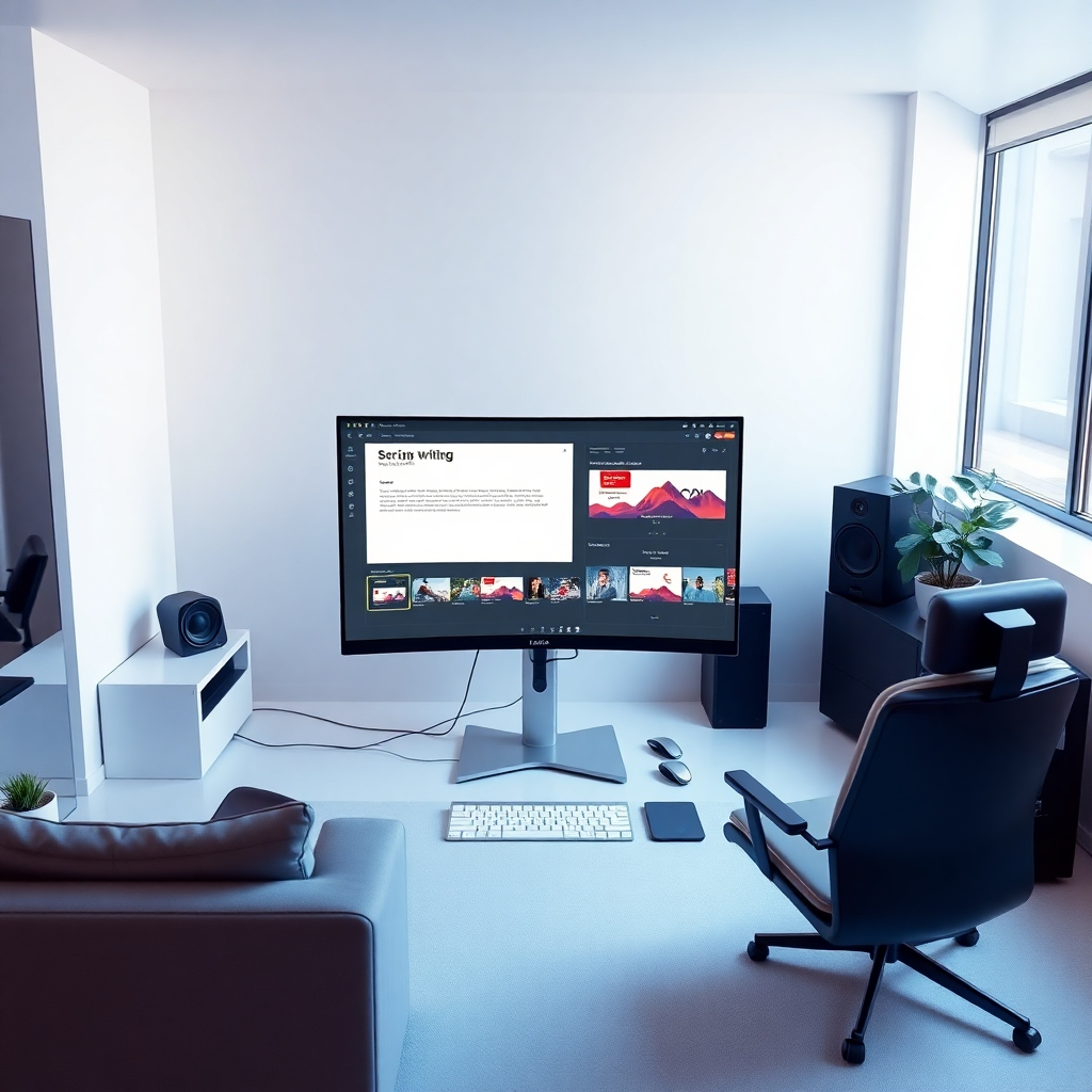 A photorealistic image depicting a sleek, modern workspace with a computer screen displaying a clean and user-friendly interface of a video editing software. The main focus should be on the scriptwriting section of the software, showing a generated script alongside storyboards.  The room is bathed in soft, diffused lighting that enhances the modern aesthetics.  The color palette is a combination of cool blues and warm grays, which represents calm and technology. The camera angle is a high-angle shot, giving a viewer a clear look at both the workspace and the computer screen. The room is clean and minimalist, with soft lighting that is well balanced. The image is hyperrealistic, reflecting the high-quality design of the software. Materials are clean and simple. The overall mood is one of efficiency and simplicity. The style is contemporary, similar to product shots in high-end tech magazines. The scene must include a high-end computer with a large, curved monitor, showcasing the AI-powered scriptwriting features on the screen. The image should be rendered at 8K resolution, showcasing the crisp details of the software interface and environment.  The image is to be crafted in the style of a high-budget technology advertisement, emphasizing precision and quality.