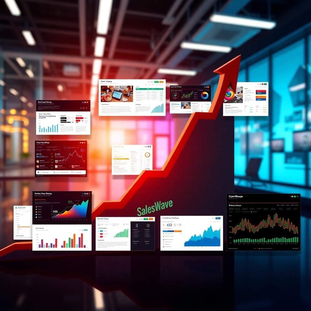 A photorealistic image depicting a graph sharply increasing, overlaid with images of several different SalesWave templates, showcasing their diverse applications in various marketing scenarios. The background should be a dynamic, modern business environment with data visualizations subtly in the background. The overall aesthetic should convey speed, efficiency, and profitability.