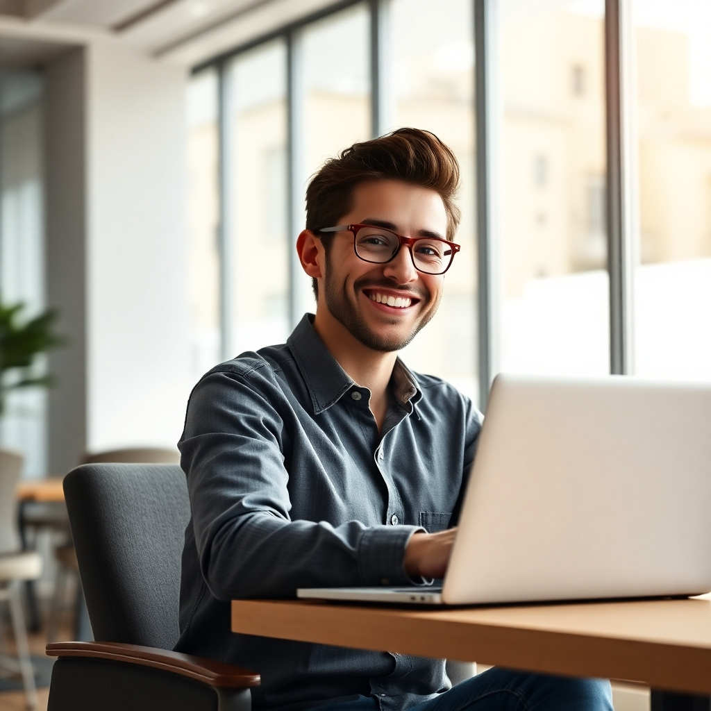 A photorealistic image depicting a person smiling and looking relaxed while sitting at a laptop. The screen shows a simplified email marketing dashboard with automated processes clearly visible, such as scheduled emails and lead management. The background should be a bright, modern office with natural light. The overall mood should be one of ease and efficiency.